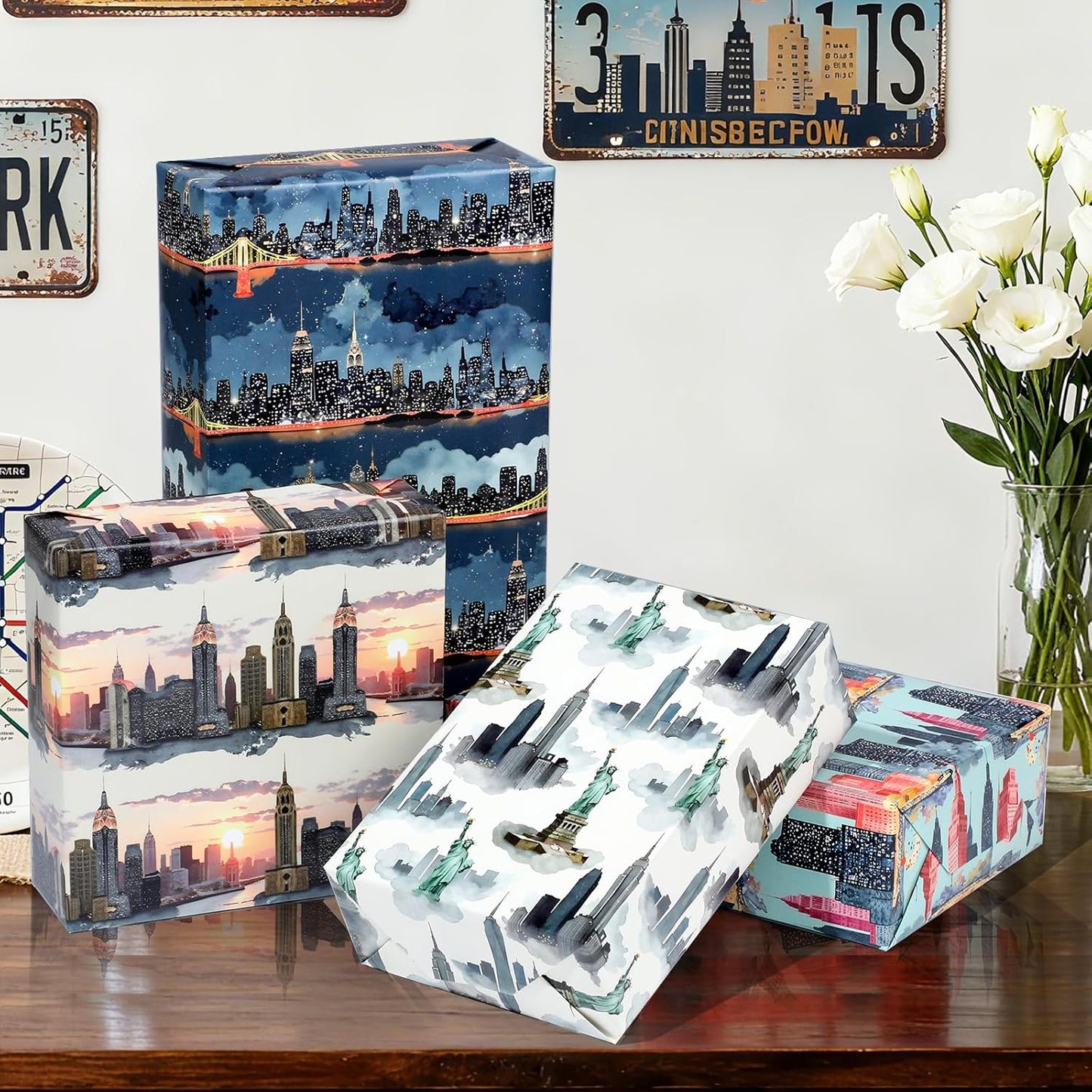 Pineraap New York City Wrapping Paper 12 Sheets Watercolor Skyline Themed Gift Wrap for NYC Lovers,Tourists,20"x28"
