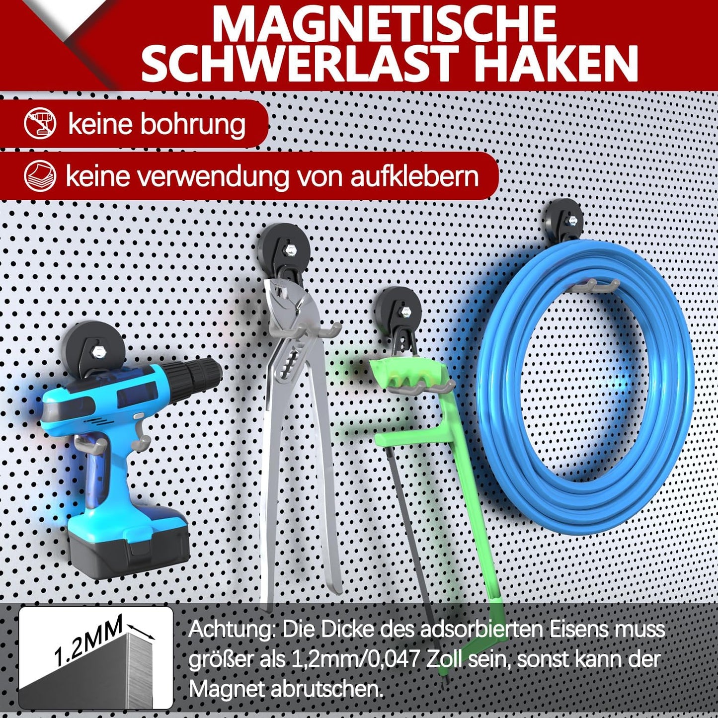 3-H Heavy Duty Magnet Garage Hooks 2 Pack, Large Strong Magnetic Hooks for Hanging Cordless Power Drill, Utility Magnetic Tool Holder for Metal Cabinet, Steel Pegboard, Toolbox, Garage(Grey)