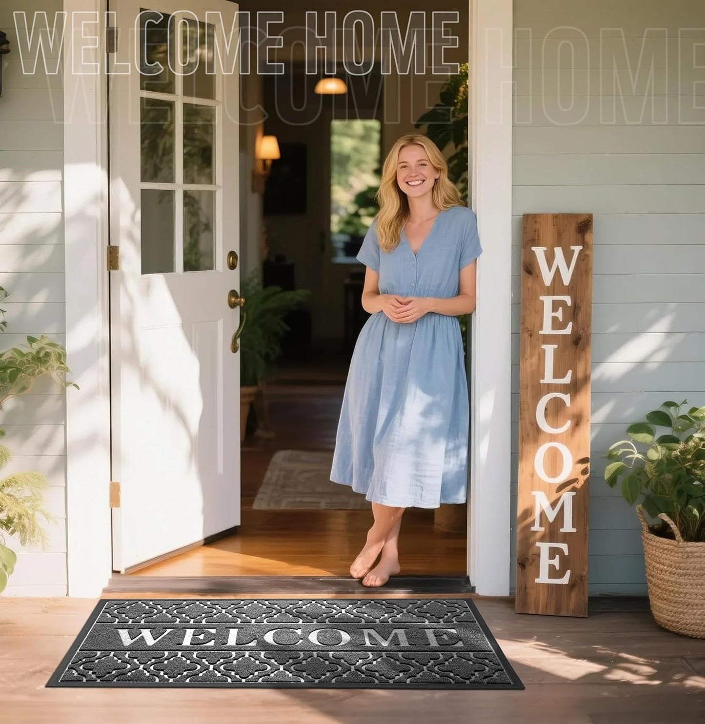 Yimobra Welcome Mat Outdoor Indoor, All-Season Waterproof Front Door Mat Outside Entrance, All-Weather Heavy Duty Non-Slip Doormat, Low Profile Porch Patio Entrance Mats, 47x24, Dark Grey