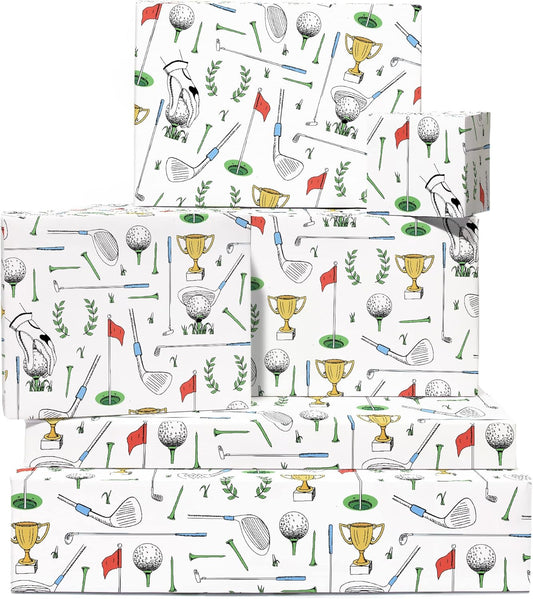 CENTRAL 23 Golf Wrapping Paper - 6 Sheets White Wrapping Paper For Men Dad Grandpa Uncle - Golf Sports Club - Comes With Stickers - Recyclable - Christmas Wrapping Paper Sheets