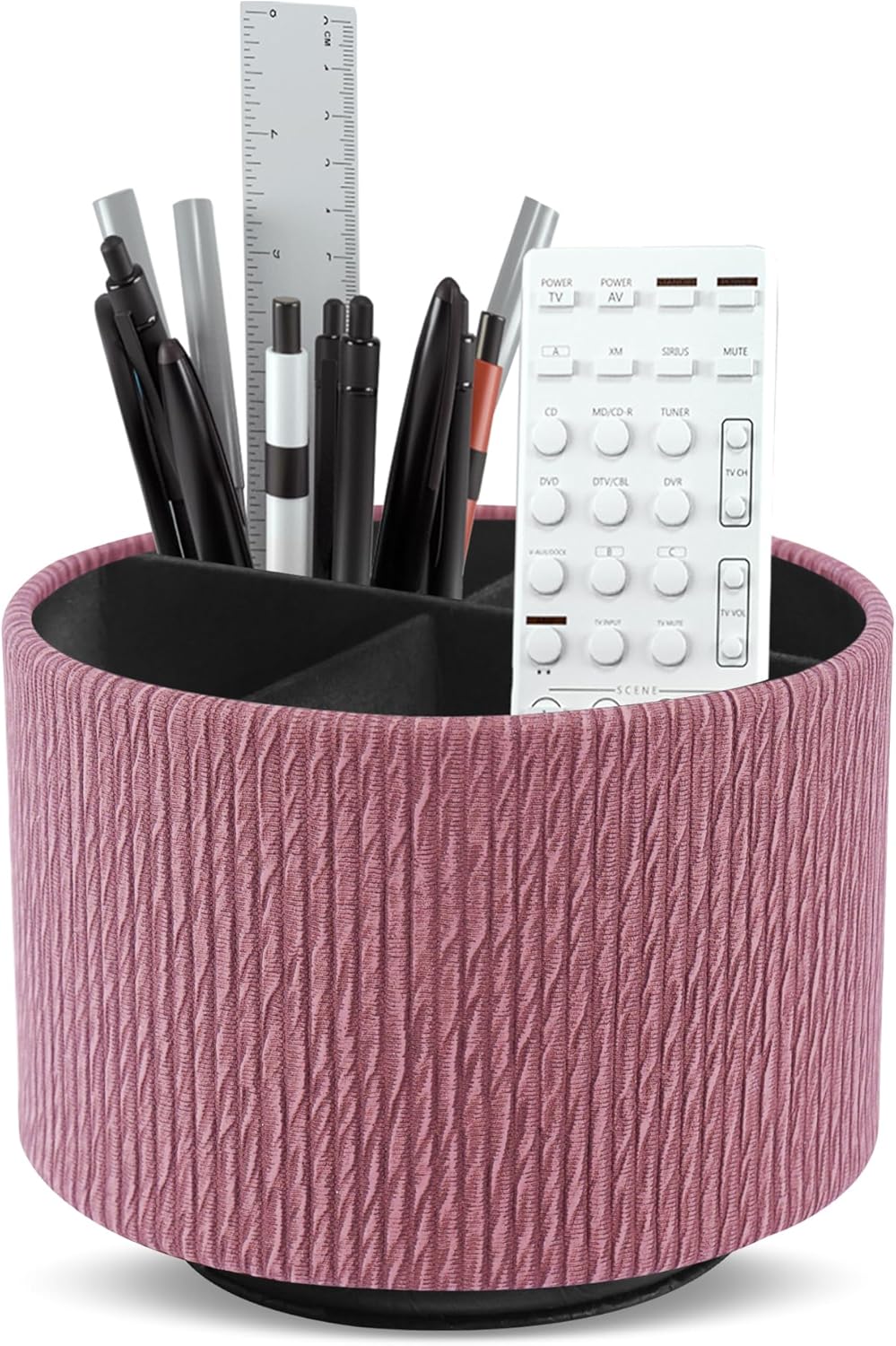 Hennaja Round Leather Art Supply Organizer,Remote Control Holder,360 Degree Spinning,Multi-Functional Pencil Holder,4 Compartments Desktop Stationary Organizer(1-Wood Pink)