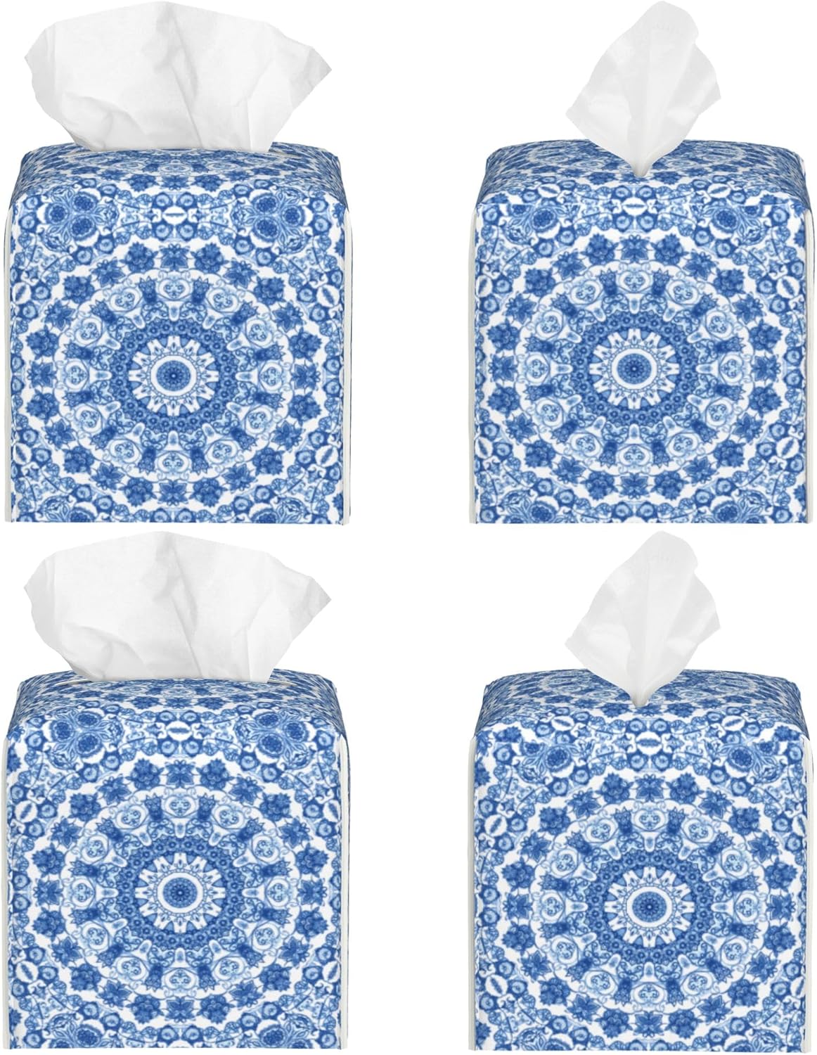 Boho Mandala Flower Tissue Box Cover Square, Blue and White Porcelain Floral Tissue Box Holder Waterproof Leather Facial Paper Organizer Dispenser for Bathroom Home Car Nightstand Vanity Desk