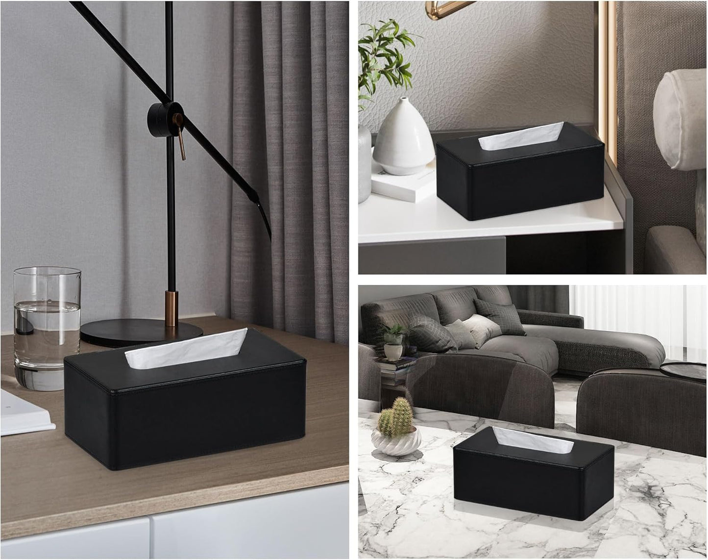 Tissue Box Cover Rectangular 9.8"(L) x 5.3"(W) x 4.3"(H) Refined Modern PU Leather Facial Tissue Dispenser Box Holder for Dresser Bathroom Decorative (Black)