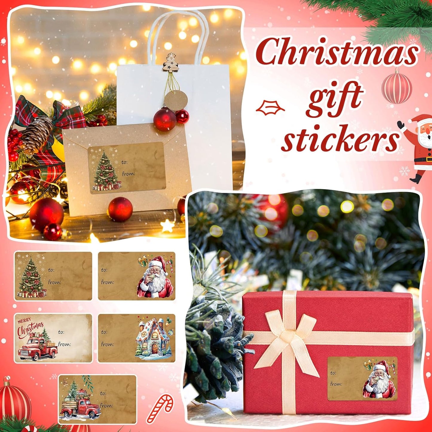 Outus 500 Pieces Christmas Tags Self Adhesive Gift Tags for Xmas Presents Christmas Name Labels Stickers for Wrapping Paper Festival Birthday Holiday Decor(Old Fashioned Style,2.76 x 1.57 Inch)