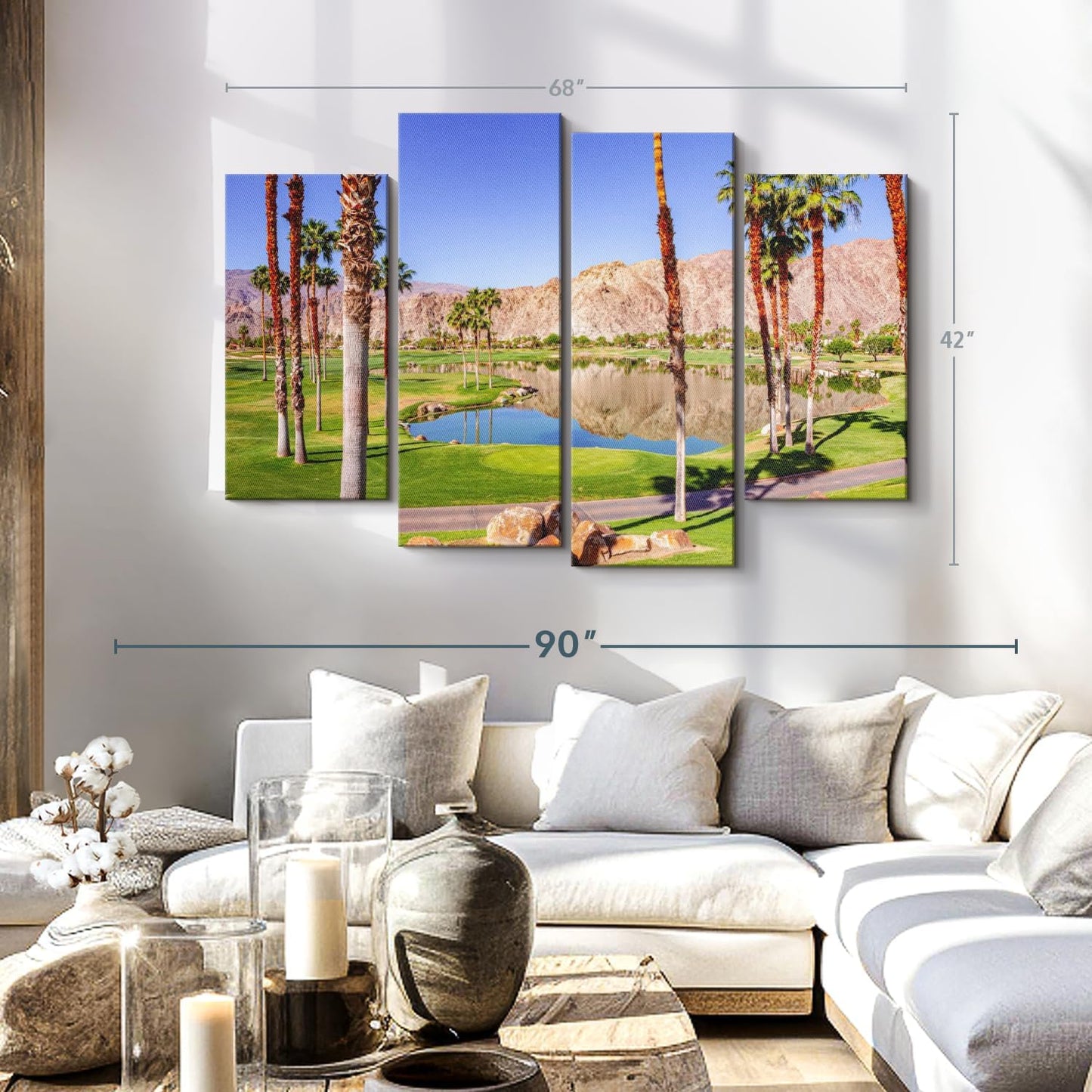 Elephant Stock La Quinta Golf Course Wall Art - Horizontal Canvas - 4-Piece Living Room Wall Decor - Photography Sports Canvas Print - Beige and Brown Decor for Wall - 68" X 42"