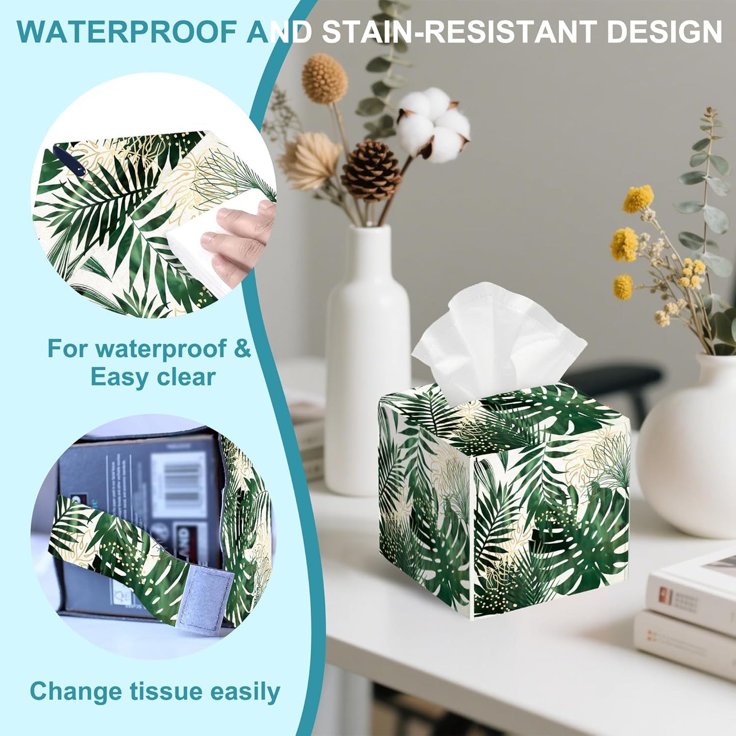 Exotic Palm Leaves Tissue Box Cover,Tissue Box Holder Square with Bottom Belt,Waterproof Leather Organizer Portable Decorative Facial Paper for Bedroom Night Stand Office Desk,5.2" x 5.2" x 5.2"