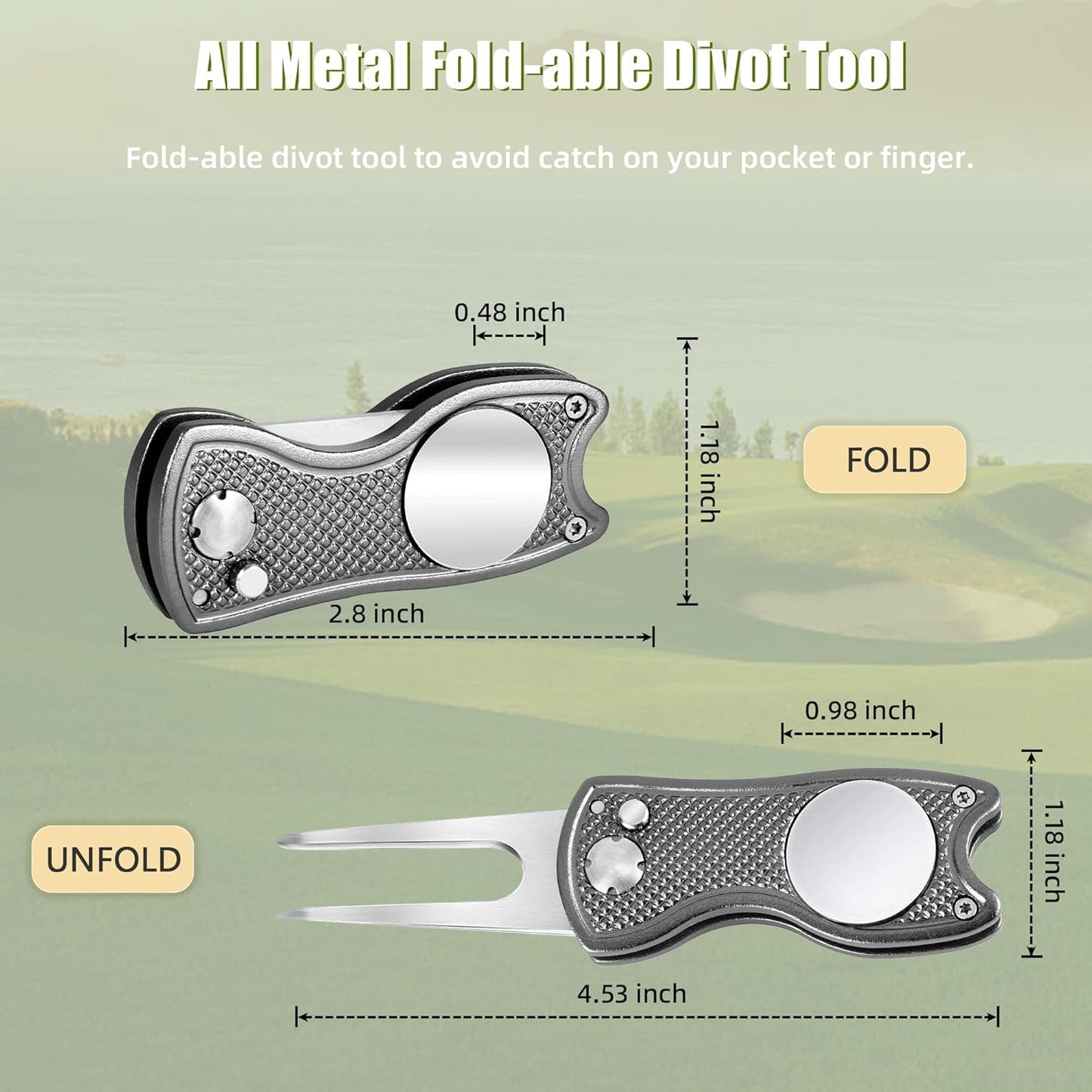 Mile High Life Golf Divot Repair Tool, All Metal Foldable Divot Tool with Pop-up Button & Magnetic Ball Marker, 2-6 Pack