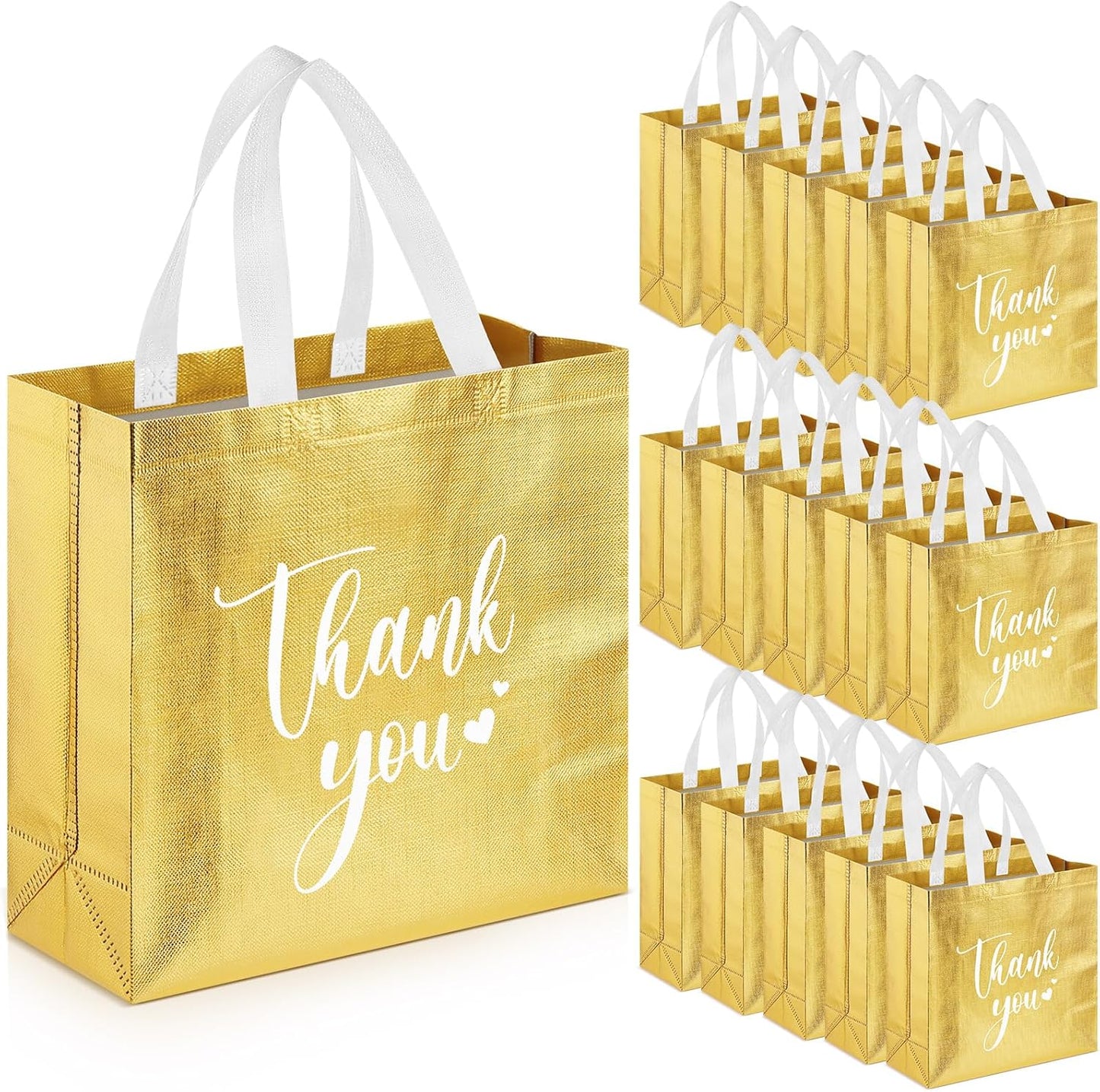 Sweetude 30 Pcs Thank You Gift Bags with Handles Bulk Reusable Goodie Bag Non Woven Foldable Handbag for Graduation Wedding Bridesmaid Gifts(11 x 12 x 5 Inch,Gold)