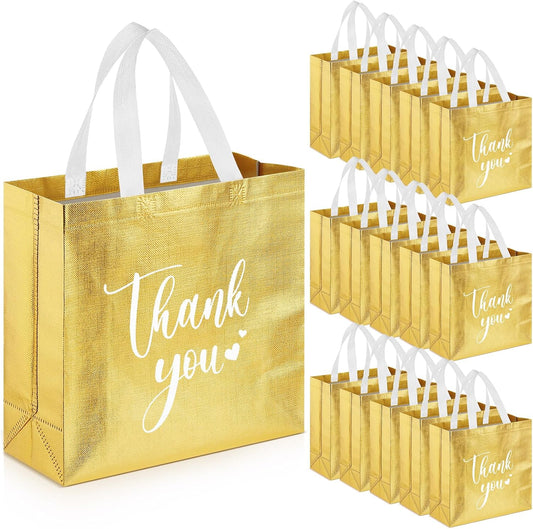 Sweetude 30 Pcs Thank You Gift Bags with Handles Bulk Reusable Goodie Bag Non Woven Foldable Handbag for Graduation Wedding Bridesmaid Gifts(11 x 12 x 5 Inch,Gold)