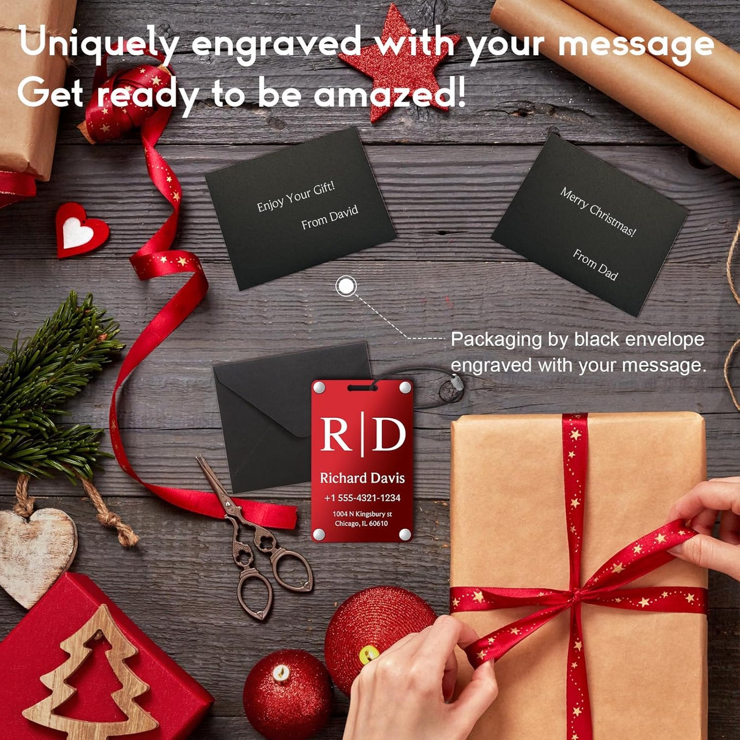 Personalized Luggage Tags for Suitcases - Monogram Style Aluminum Custom Luggage Tags for Backpacks & Bags, Sturdy, Waterproof & Heavy Duty (Red/Card-Sized)