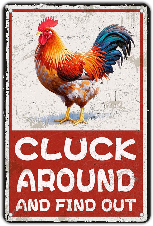 Cluck Around And Find Out Humorous Chicken Metal Tin Sign 12x8 Inch Farm Warning Poster Chicken Farm Tin Sign Home Kitchen Garden Cafe Office Shop Are Wall Decor