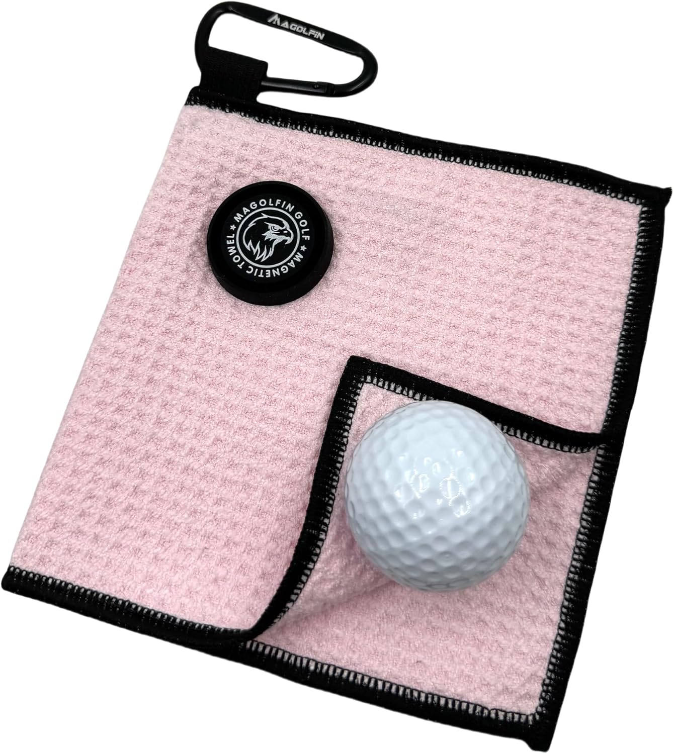 Small Magnetic Golf Towel with Clip, Microfiber Waffle Design - Industrial Strength Magnet for Glof Balls, Golf Bags, Carts Clubs - Pink