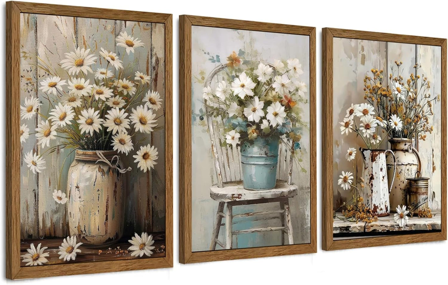 DUWQU 3 Piece Framed Elegant Farmhouse Canvas Wall Art, Vintage Floral Pictures Art Wall Decor, Nature Themed Daisy Art Prints for Living Room Bedroom Kitchen and Office Ready to Hang 16×24 Inches