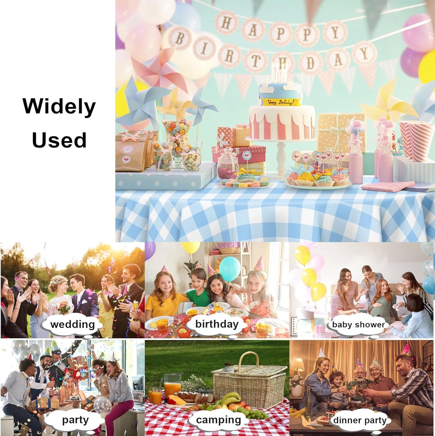 3 Pack Blue and White Checkered Tablecloth, Round Blue Gingham Plastic Table Cloths for Parties Disposable, 84x84 in Waterproof Camping Tablecloth for Birthday Party Baby Shower Picnic School