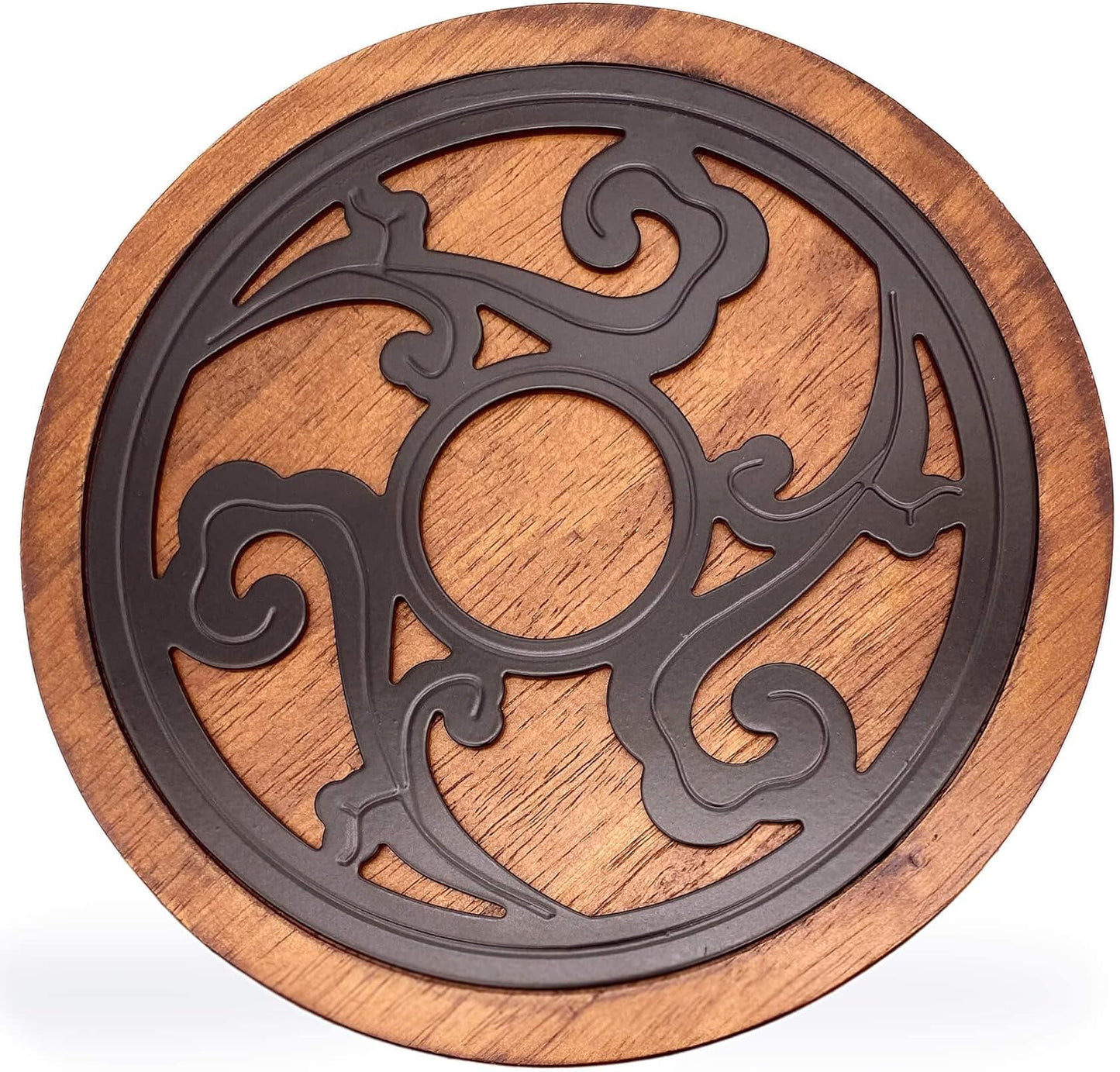 Cast Iron with Wood Trivet, Metal Trivets for Hot Dishes, Decorative 8-inch Round Kitchen Hot Pad, with Vintage Pattern for Serving Pot, Plates & Teapot on Kitchen Countertop or Dinning Table(Black)