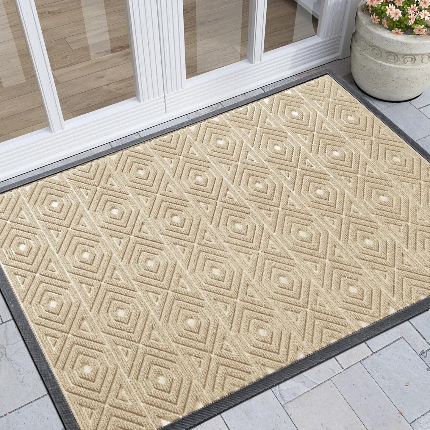 Yimobra Door Mat, Outdoor Indoor Entrance Welcome Mat, Heavy Entry Front Door Mat, Stain & Fade Resistant, Low Profile, Sturdy Rubber, Easy Clean Patio Floor Mat, Waterproof, 47 x 32, Light Beige