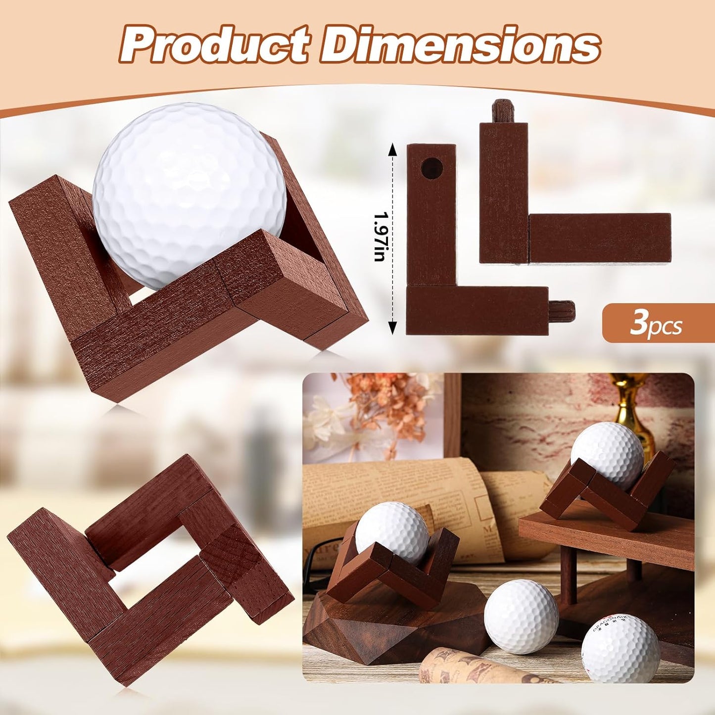 3 Pack golf ball display stand 1.97 Inch Wooden Golfball Display Case Baseball Rack Holder for Souvenir Collections Tabletop Decor Men Golf Enthusiasts(Walnut Color)