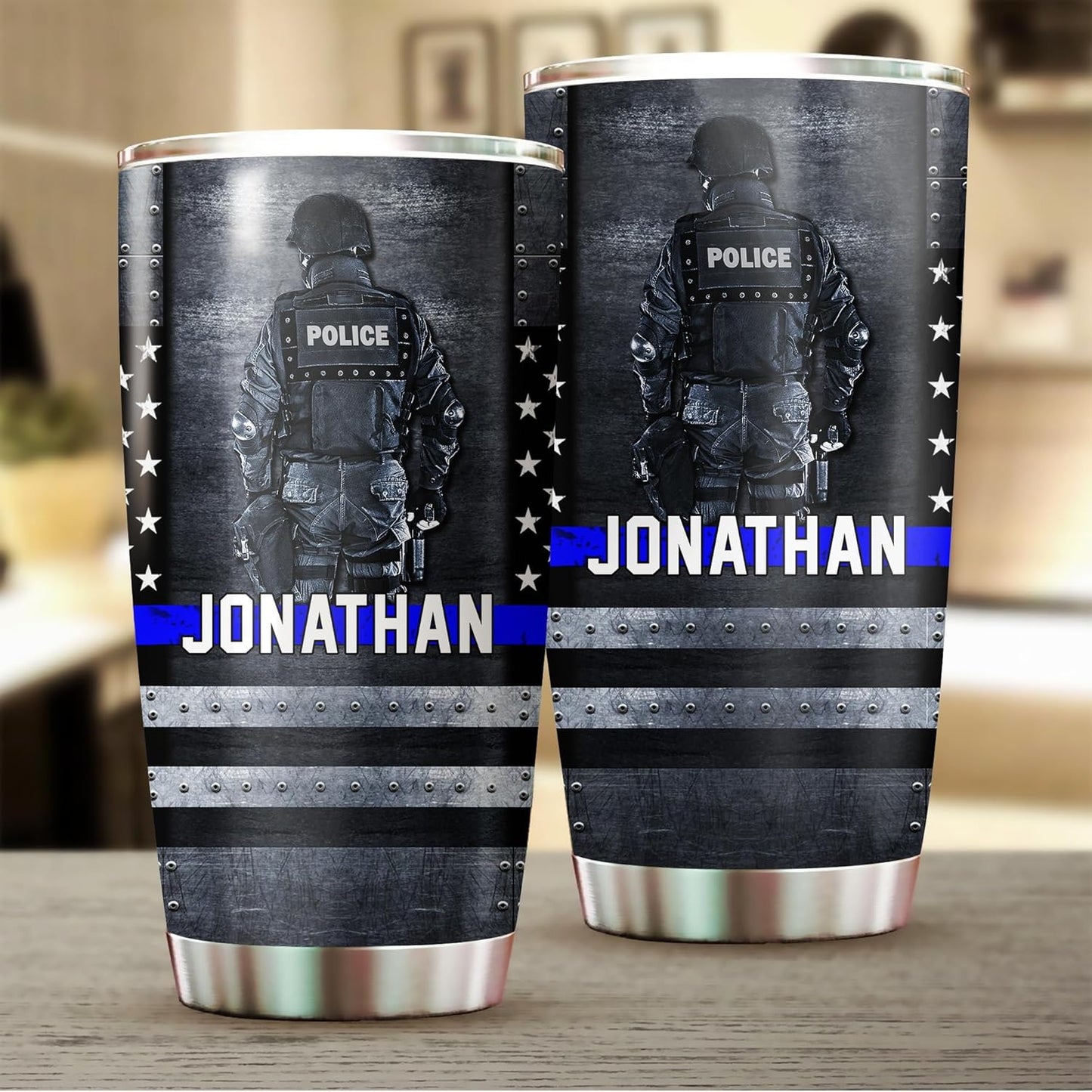Policeman Police Officer Gifts - Custom Name Badge Number Thin Blue Line Lives Matter Flag Tumbler - Police Academy Graduation Retirement Birthday Gifts - 20oz Tumbler With Lid