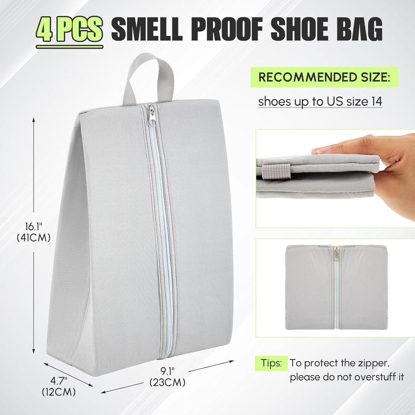 Leinuosen 4 Pack Smell Proof Shoe Cleat Bag for Travel Water Resistant Odor Absorbing Lightweight Golf Soccer Shoe Storage Organizer Pouch with Zipper for Gym Sports Work Men Women (Gray)