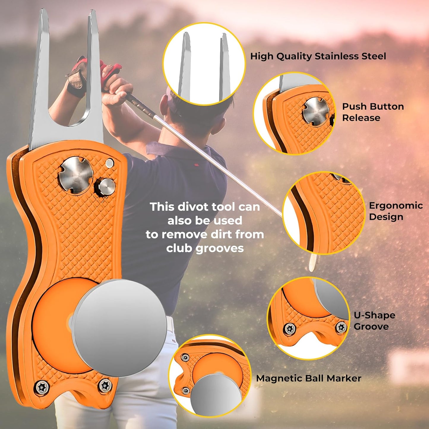 Golf Divot Tool with Magnetic Ball Marker, Multifunctional Divot Tool, Foldable Fork,Fix Divots, Clean Clubs and Cleats, U Shape Bottom can Hold Club