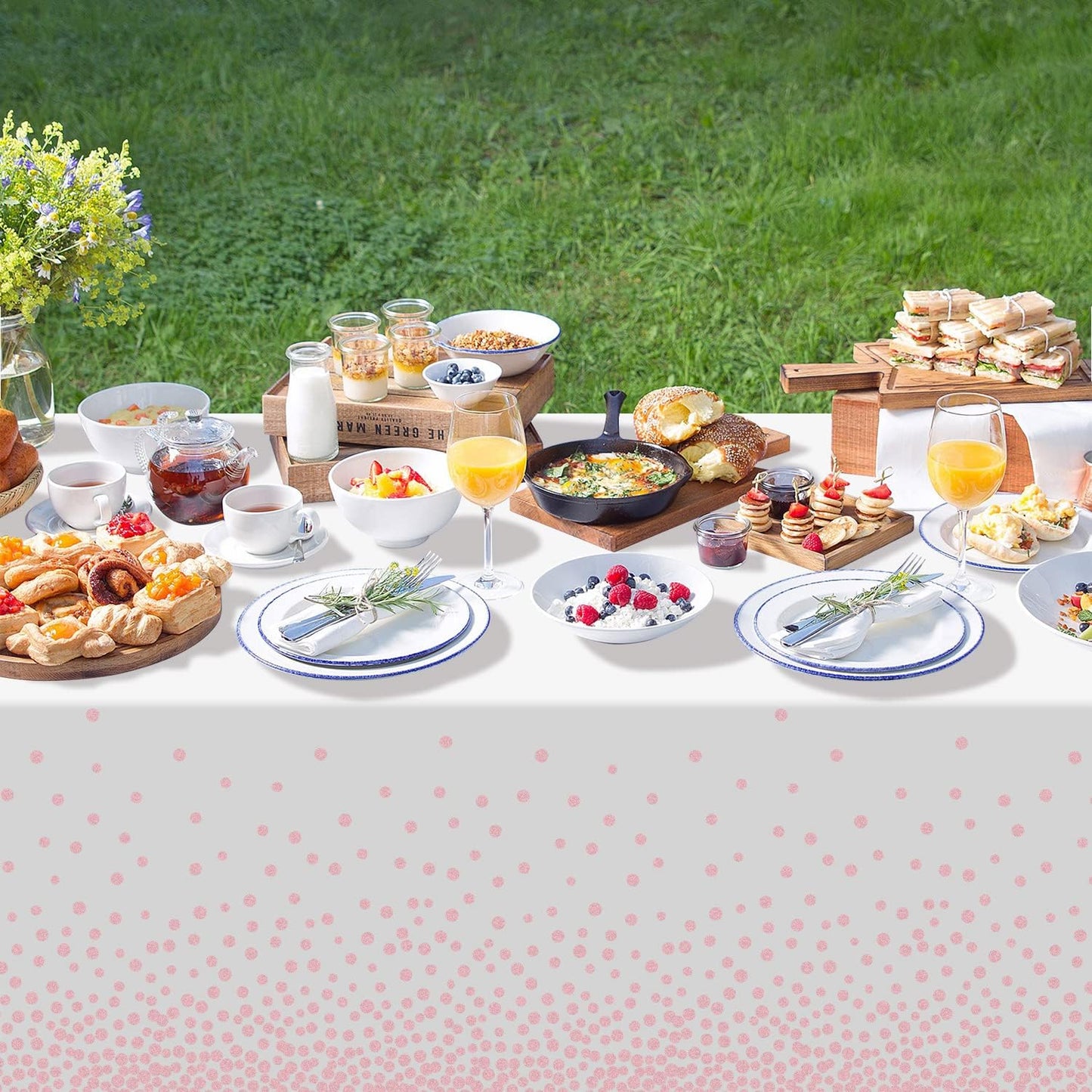 QIKSION 6 Pack White and Pink Dot Plastic Tablecloth, Waterproof Disposable Party Table Cloths for Baby Shower, Wedding, Anniversary, Birthday Party(54 × 108 Inch)