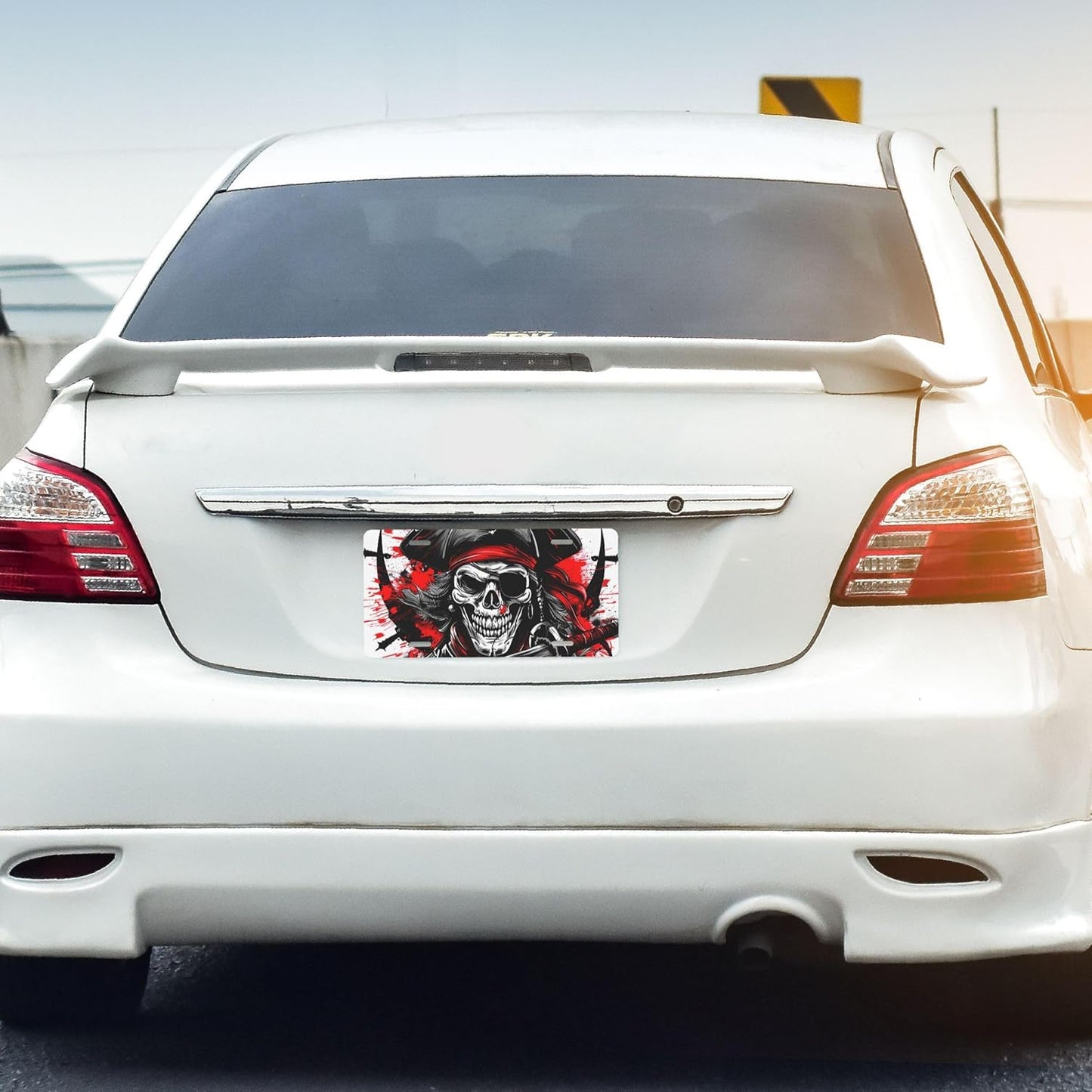 Front License Plate for Car Designs Red Black Skull Pirate Stainless License Plate Cover Holder for Men Women Metal Aluminum Decorative Accessory Vanity Tag Standard 6 X 12 Inch (4 Holes)