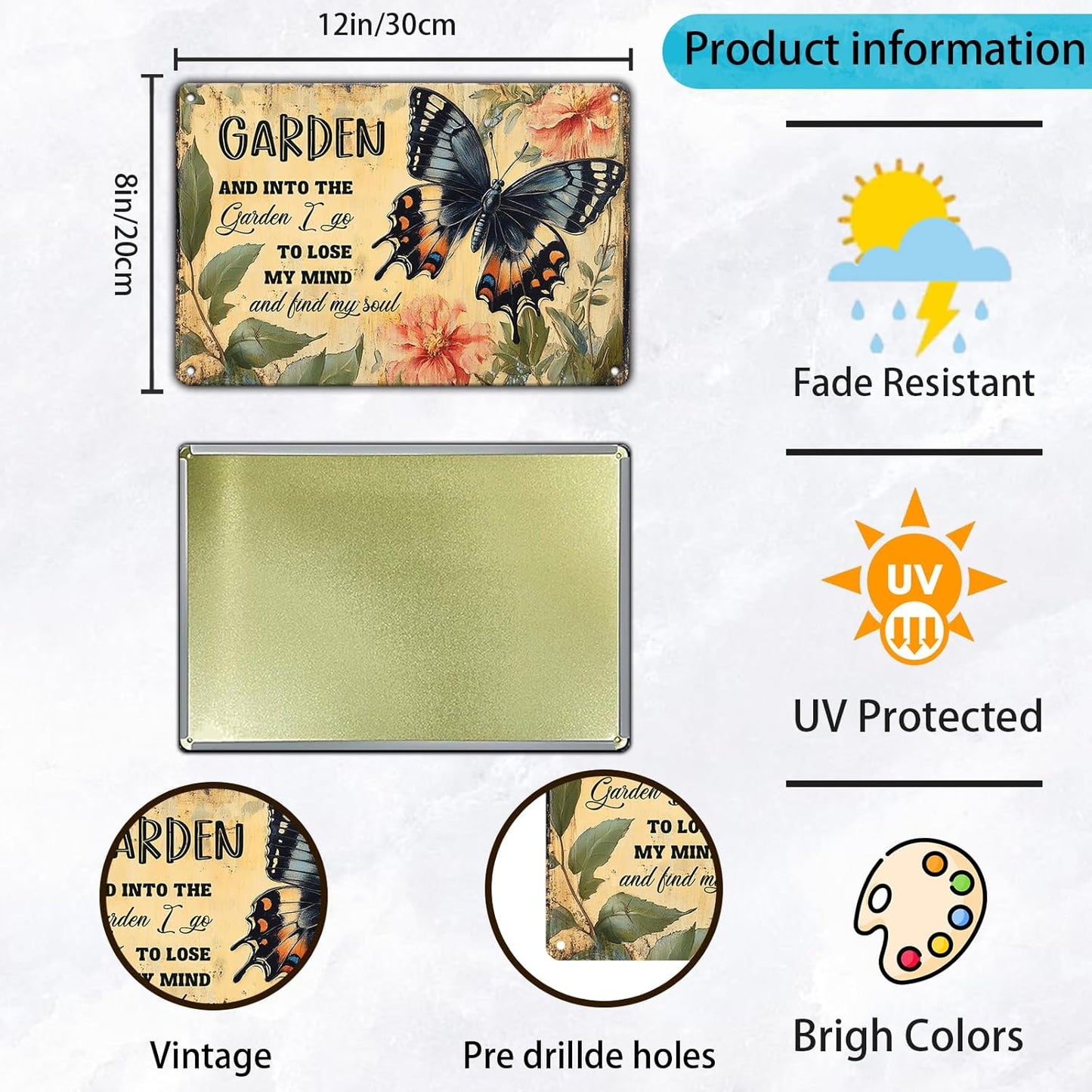 Funny Garden Metal Sign And Into The Garden I Go To Lose My Mind and Find My Soul Butterfly Poster for Farmhouse Home Kitchen 8x12 Inch