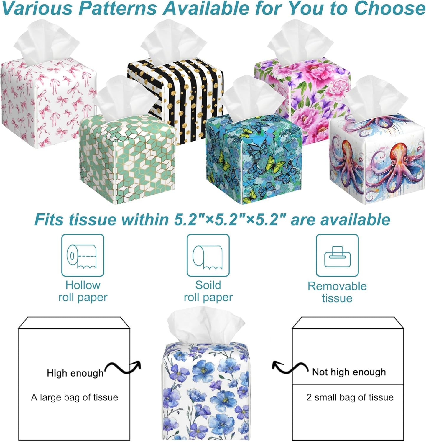 Blue Spring Wildflower Tissue Box Holder,Square Leather Tissue Box Cover with Bottom Belt,Waterproof Modern Napkin Holder Organizer for Bathroom Nightstand Vanity Office Tabletop,5.2" x 5.2" x 5.2"