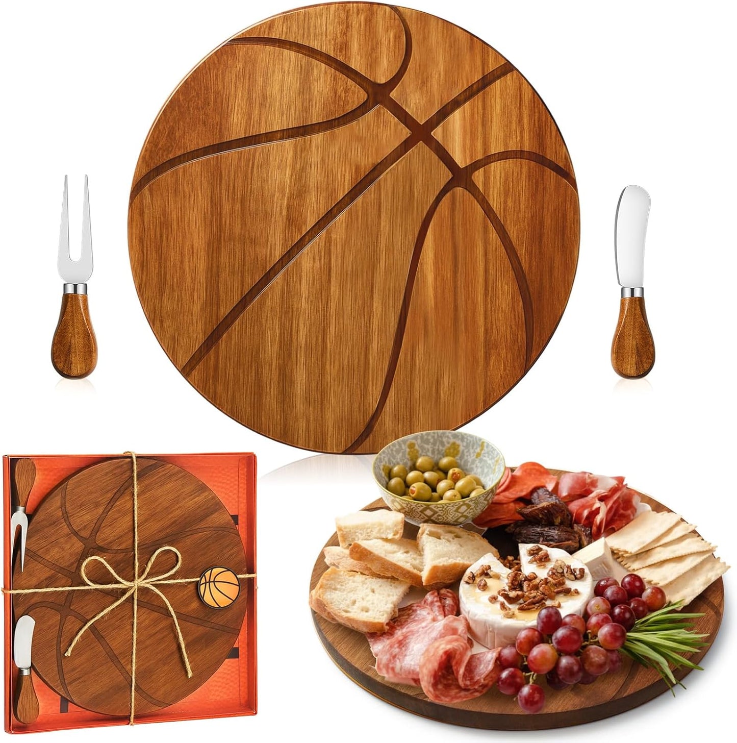 Basketball Cheese Board Gift Set Party Favor Prizes Charcuterie Wood Board with Knives and Box Father Day Gift for Dad Grandpa Party Tournament Game (Acacia Wood, Basketball)