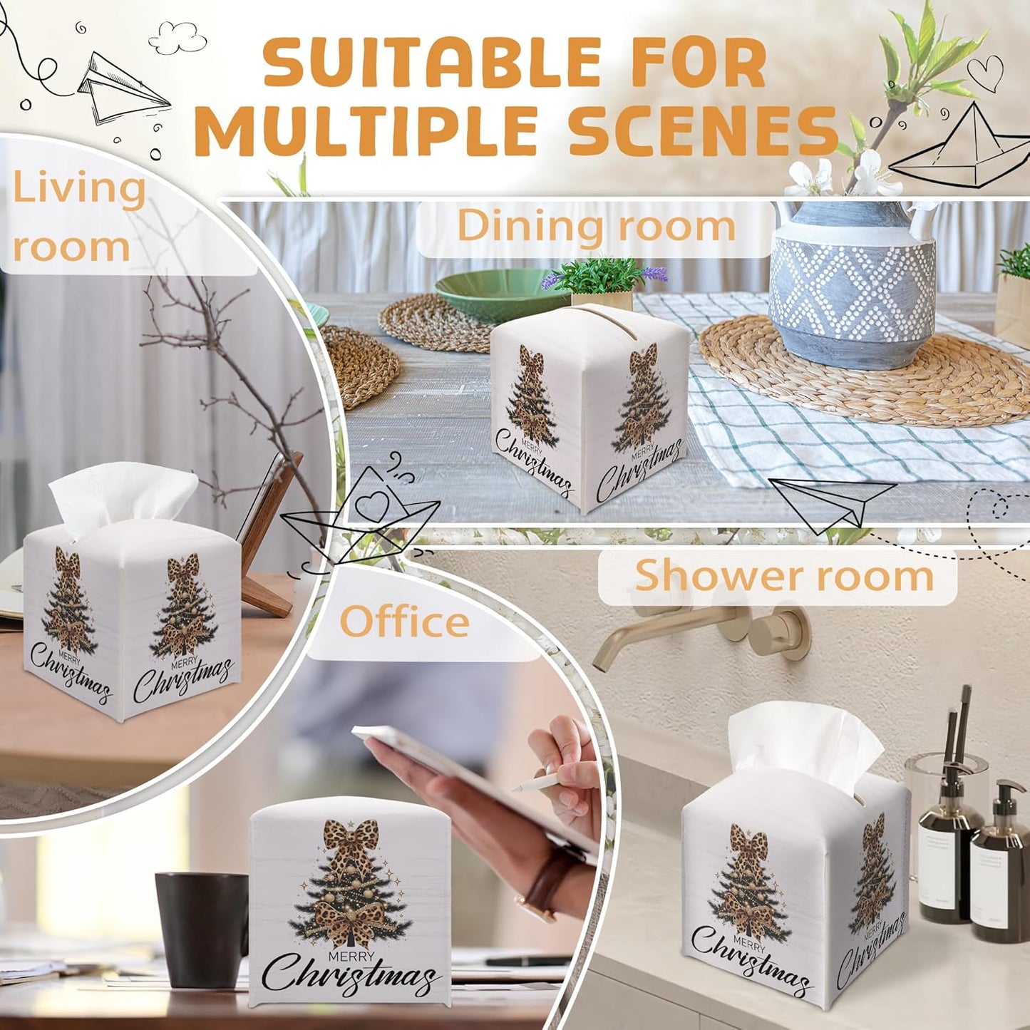 Christmas Tree Tissue Box Holder, Leopard Print Christmas Tree Leather Tissue Box Cover Square, Paper Facial Decorative Tissues Cover for Night Stands Bathroom Office Home Decor-B13