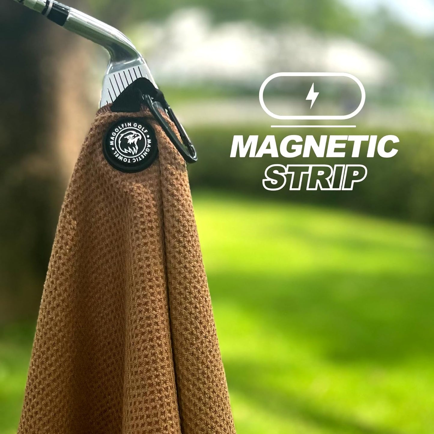 Magnetic Golf Towel with Clip, Microfiber Waffle Design - Industrial Strength Magnet for Strong Hold to Golf Bags, Carts & Clubs - Brown