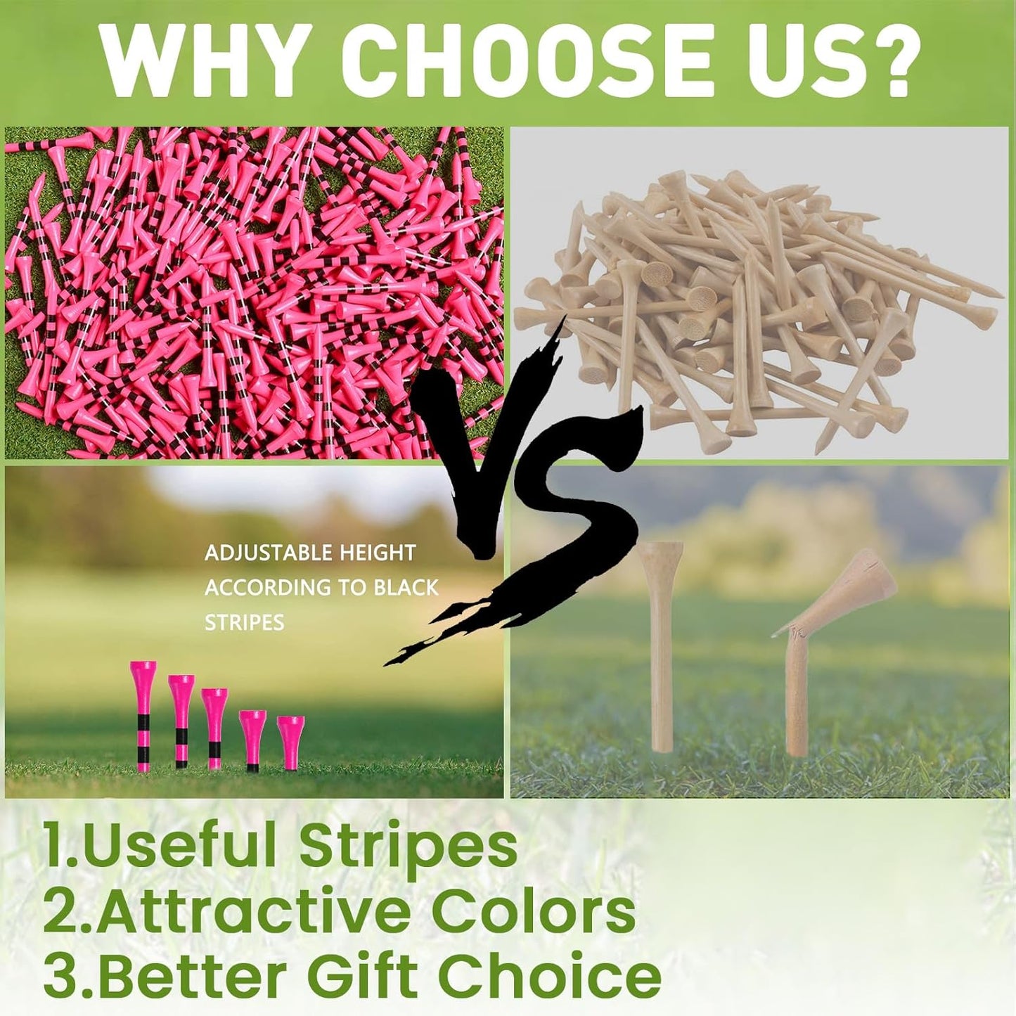 FINGER TEN Golf Tees Wood 3 1/4 2 3/4 Inch Wooden Bamboo 50/120 Count, Durable Biodegradable Colored Bulk Tee 70mm 83mm