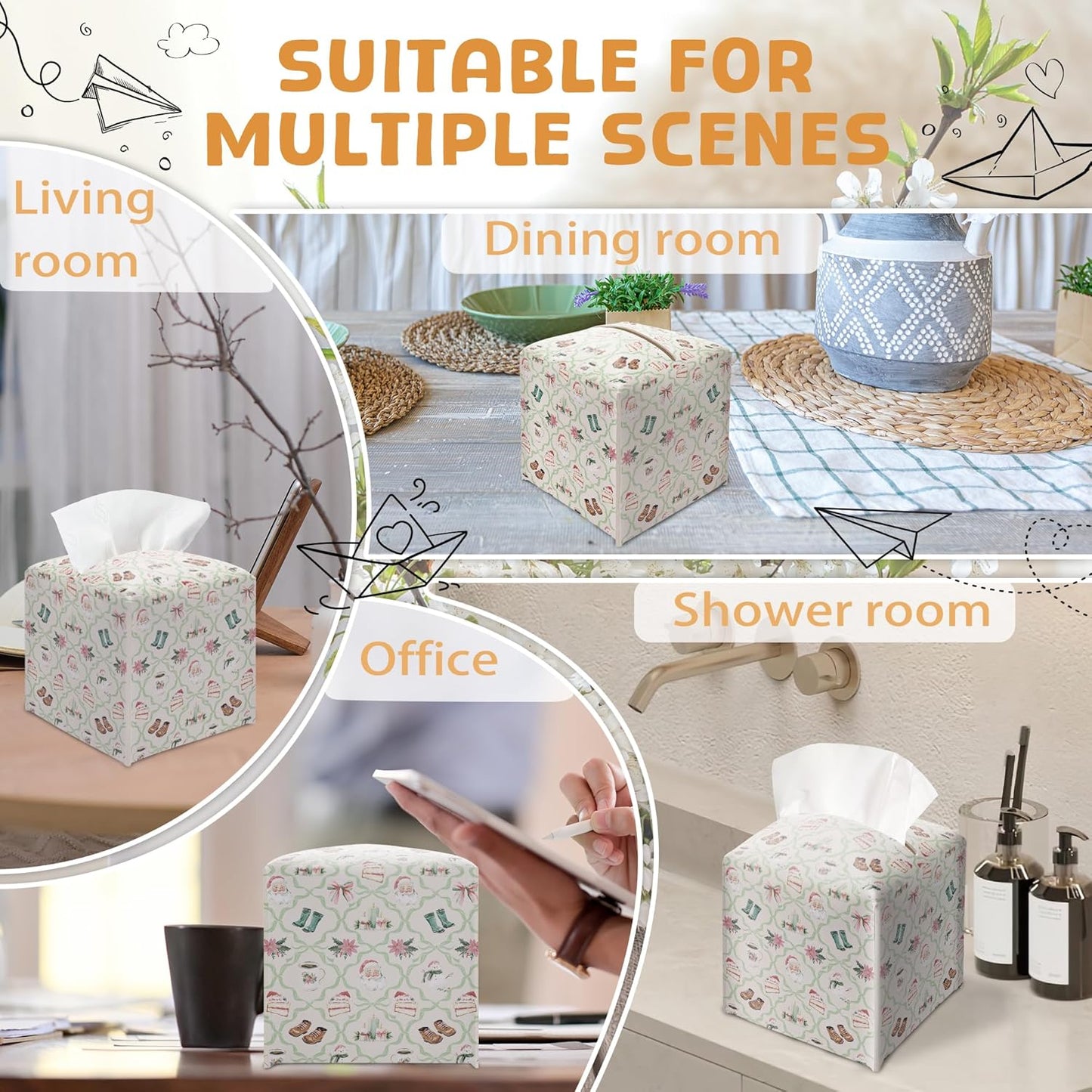 Christmas Tissue Box Holder, Watercolor Doodles Christmas Leather Tissue Box Cover Square with Bottom Belt, Paper Facial Decorative Tissues Cover for Bathroom Office Home Decor-B05