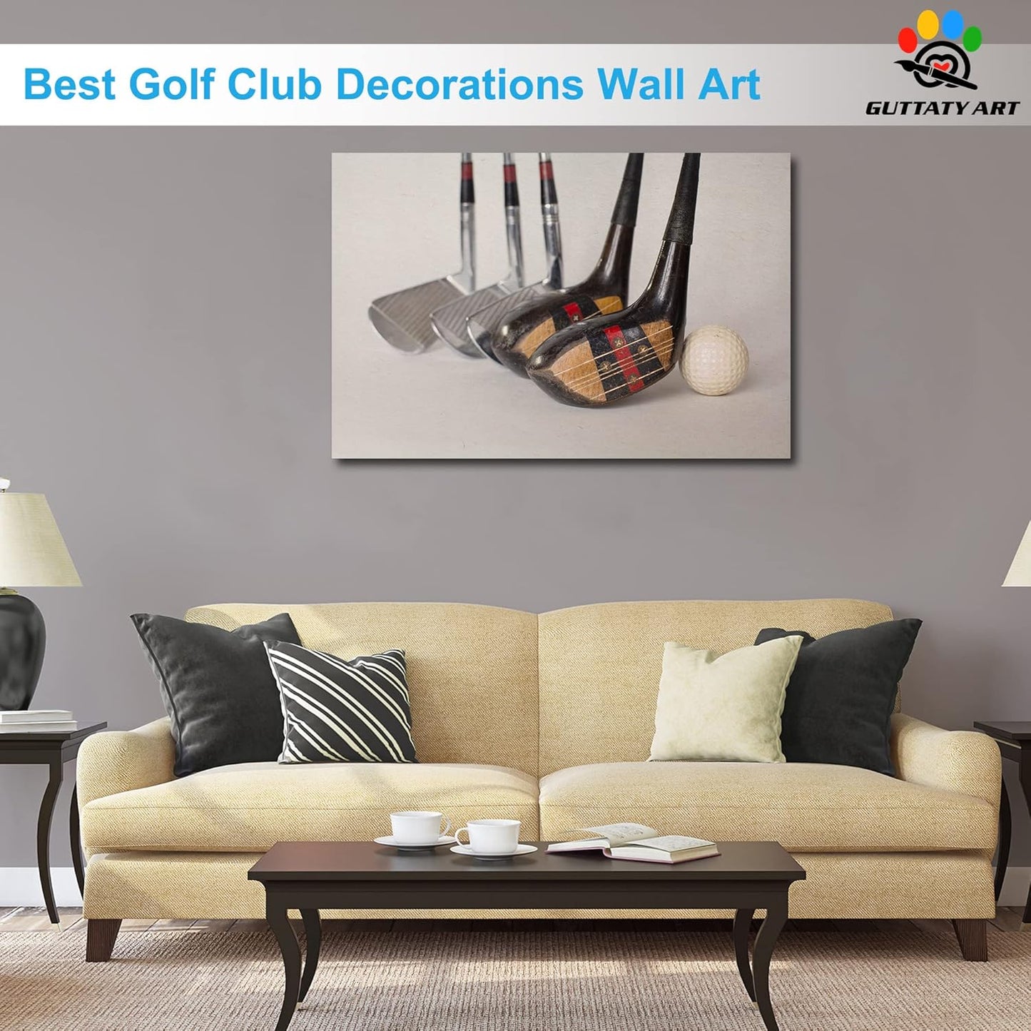 Golf Canvas Wall Art, Modern Golf Clubs Picture for Living Room Wall Decor, Men's Sports Golf Balls Poster Prints for Home Decor, Framed Artwork for Office Bathroom Decor Ready to Hang 32x48 Inches