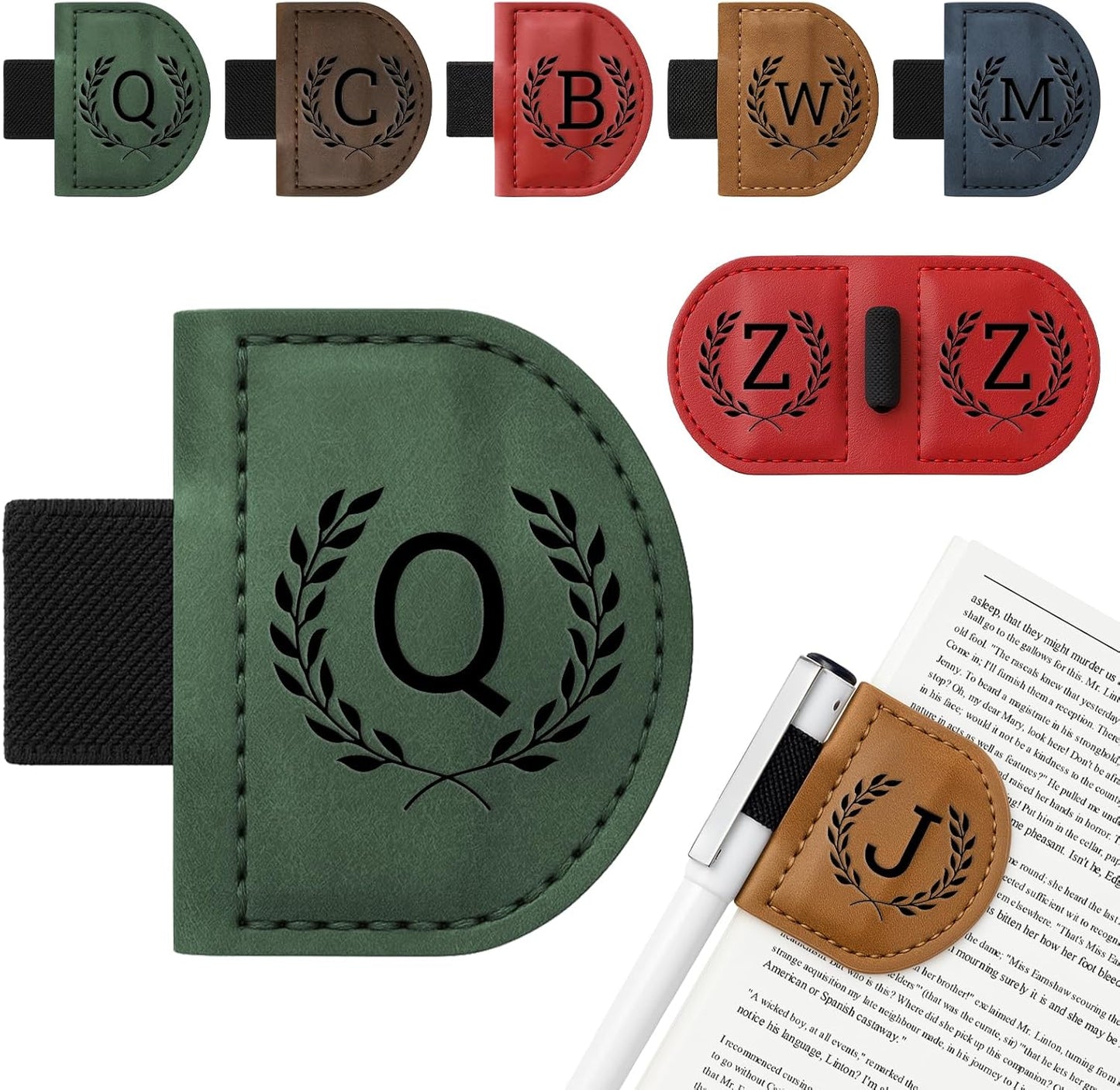 Personalized Bygone Mark Bookmark with Pen Holder,Engraving Leather Magnetic Bookmarks Vintage 26 Letters Name Initials Text Book Marker Clips Gifts for Reading Book Lovers Women (Green, Q)