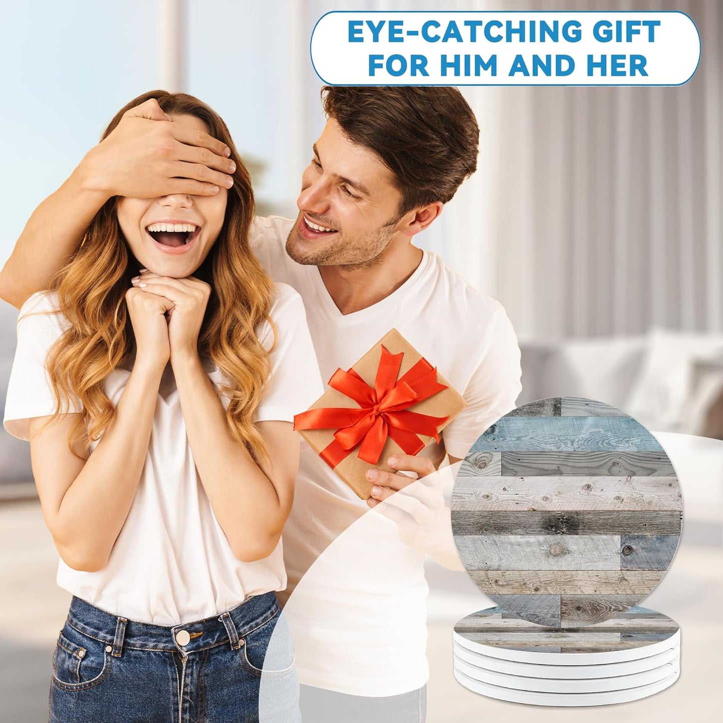 Drinks Coasters Set of 4, Woodboard Round 4" Cup Coasters, Absorbent Ceramic Stone Coasters with Cork Base, Cute Coasters for Table Home Décor, Ideal Gifts for Women Men