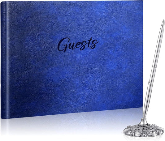 Leather Guest Book and Pen Stand Set, 10.5" x 8" Embossed Guests Sign in Book Registry Book for Funeral, Wedding Reception, Vacation Homes and Events, 80 Sheets (Blue)
