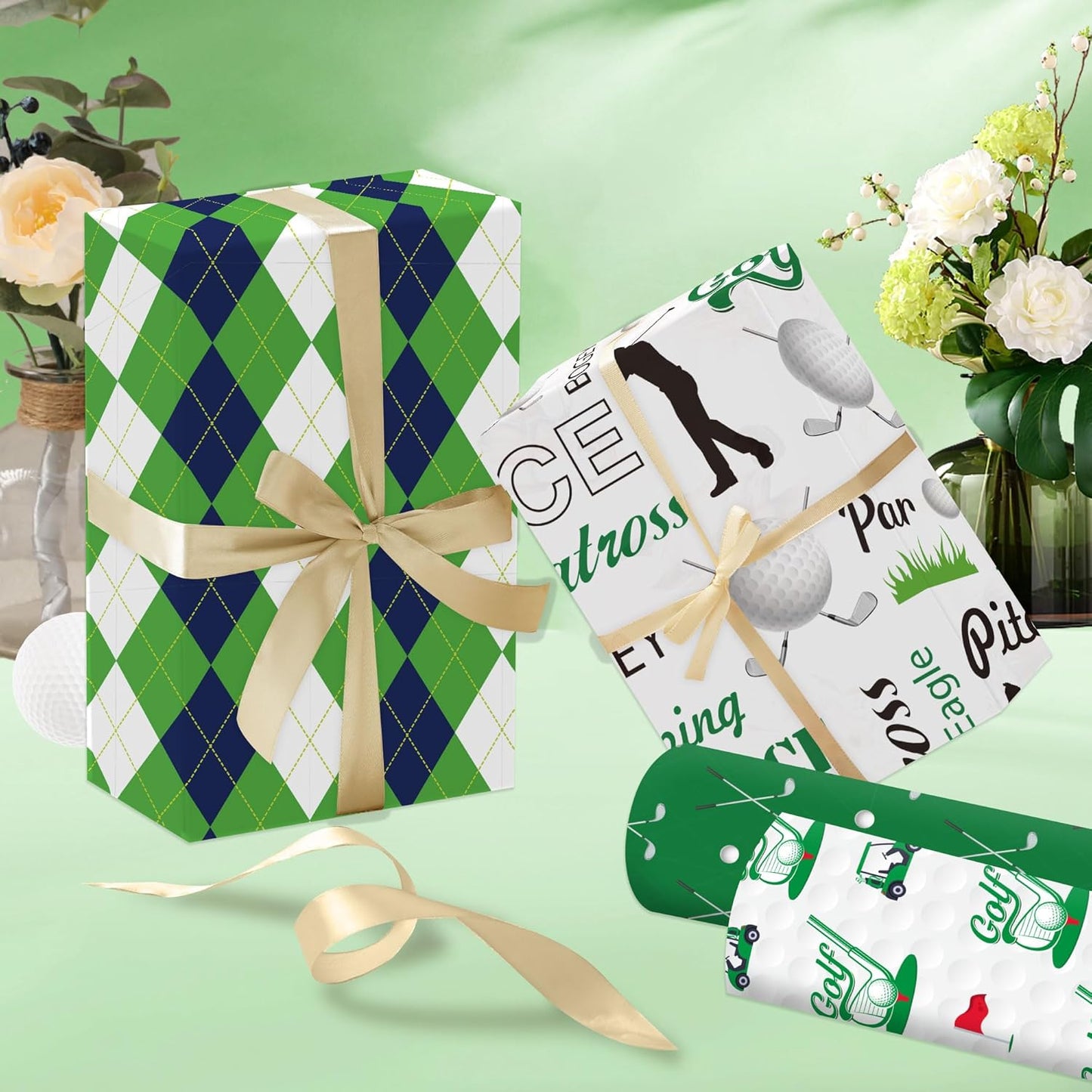 EoBeCy Golf Wrapping Paper for Men Boys, 12 Sheets Golf Gift Wrap with Golf Clubs, Balls, Carts, and Green Argyle Designs, Sports Wrapping Paper for Birthday Retirement (20 x 28 Inches Per Sheet)