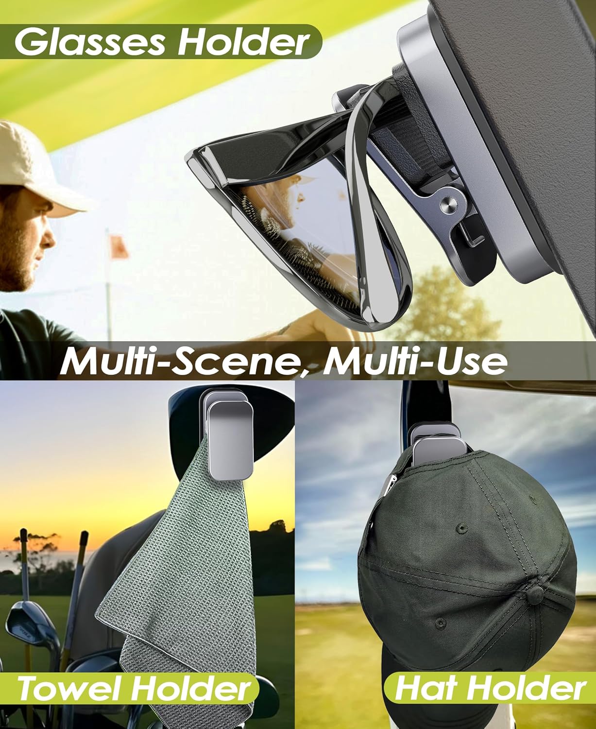 Sunglass Holder for Golf Cart, Magnetic Aluminium Sunglass Holder Clip Accessory for Golf Carts, Silicone Padded Eyeglass Clip Universal Fit with Gift Storage Bag