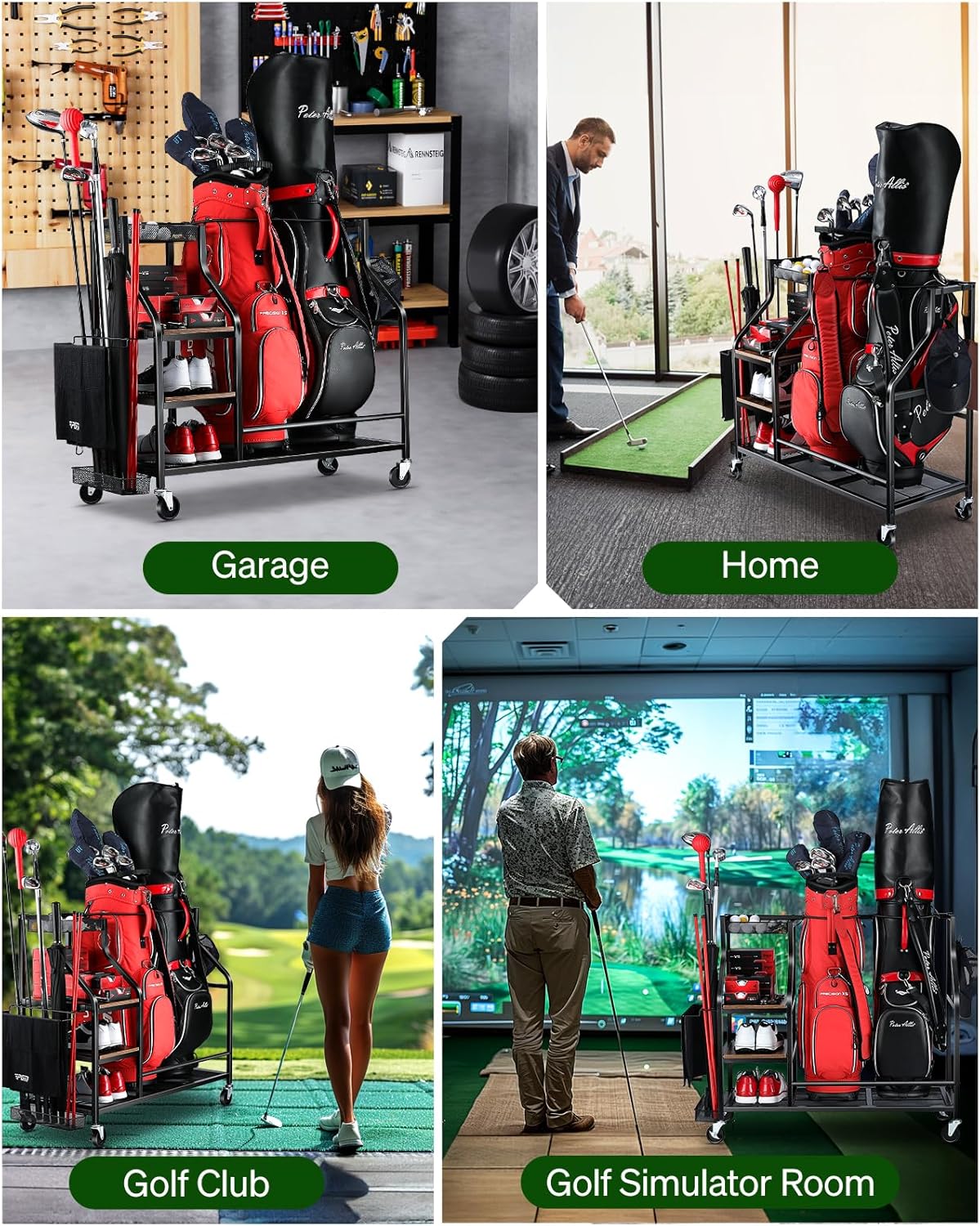 Golf Bags Storage Garage Organizer- Golf Bag Stand for Golf Bags, Clubs, Balls, Golf Equipment Accessories, Golf Bag Storage Rack with Wheels for Garage, Club, Basement