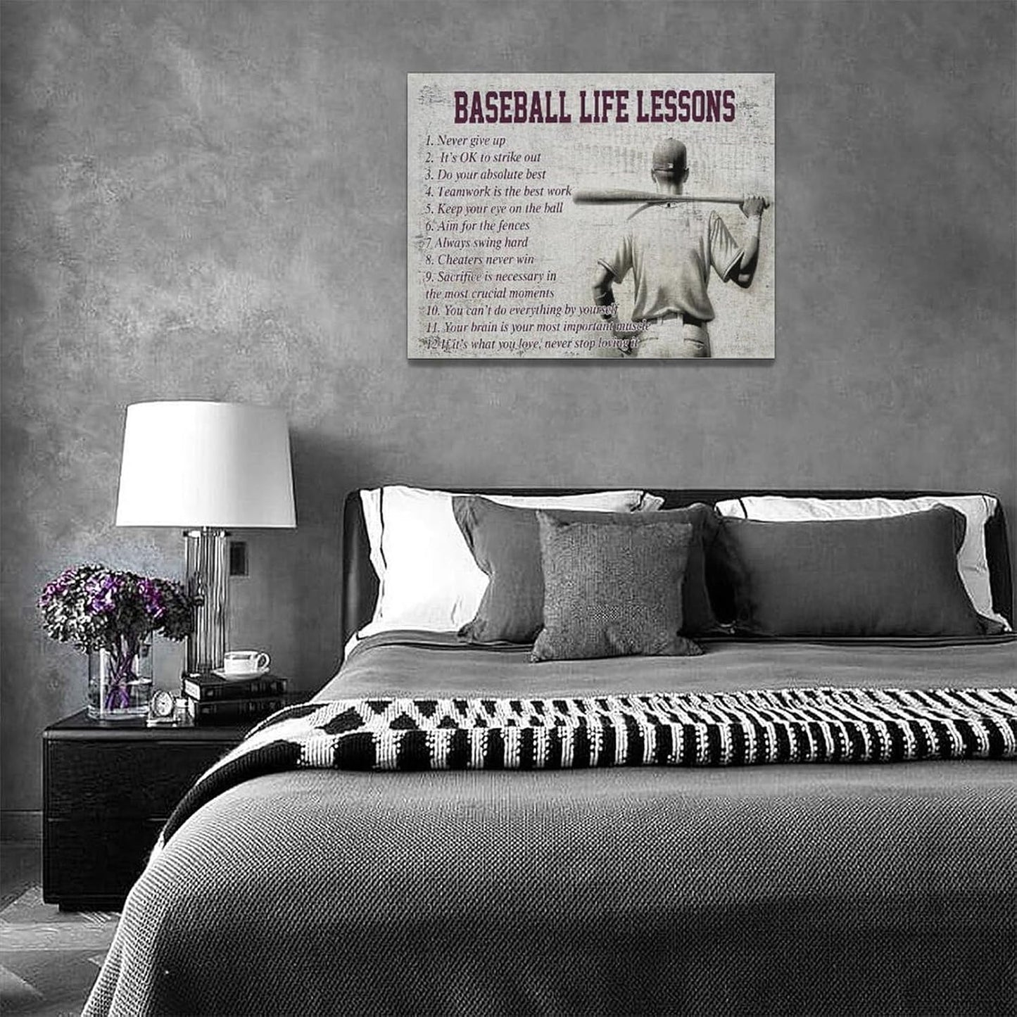 Baseball Sports Wall Art Baseball Life Lessons Wall Decor Baseball Sign Retro Poster Boy Men Motivational Decorations Canvas Print Painting Artwork for Bedroom Bathroom Living Room Gym 16"x12"