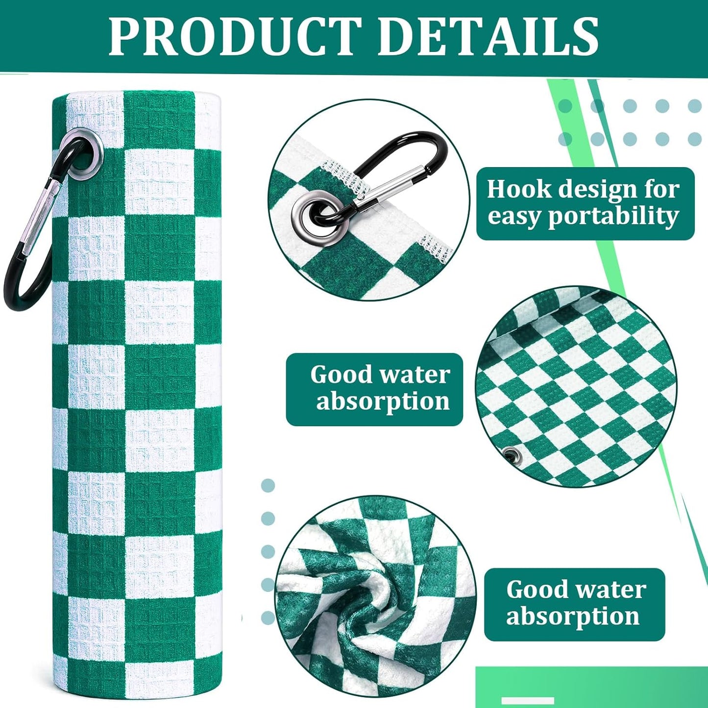 12 Pcs Golf Towels Bulk for Bags Microfiber Waffle Pattern Golf Towel with Clip 16'' x 16'', Ultra Absorbent Quick-Dry, Mini Tournament Yoga Fitness Men's Gifts(Emerald Green)
