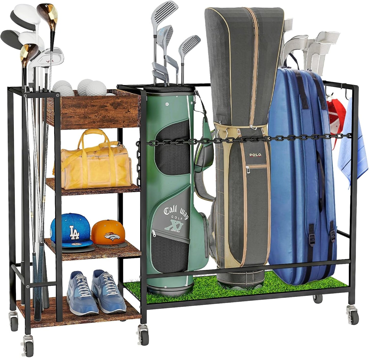 Golf Bag Organizer Garage Sports Equipment Organizer Golf Bag Stand Golf Club Storage Rolling Wheels Breaks Large Capacity Heavy Duty Golf Stand