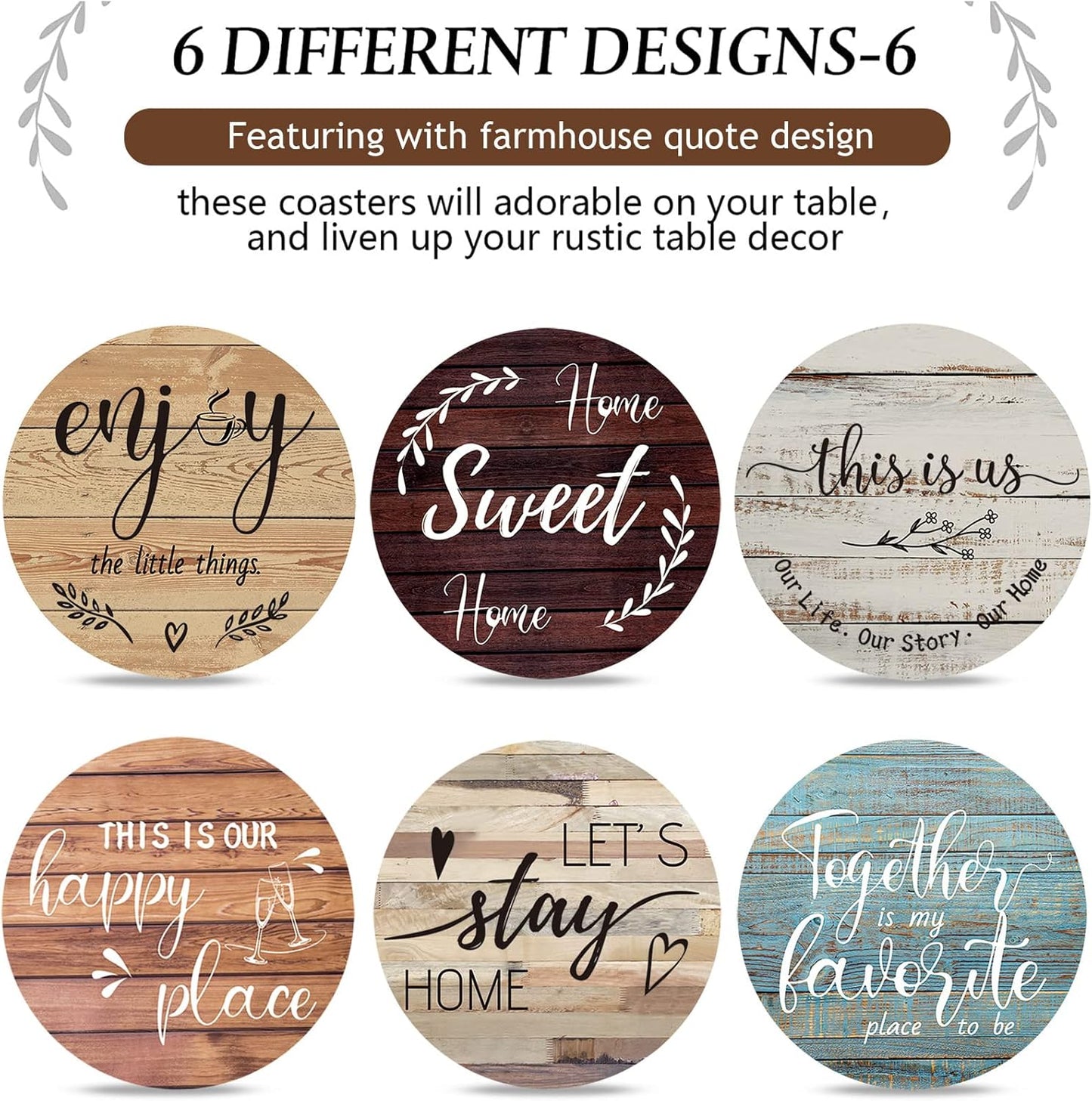 Queekay Housewarming Gifts for Home Decoration Wooden Heart Coasters for Drinks 6 Set Farmhouse Coasters with Holder Funny for Family Coffee Table Protection, 4''(Farmhouse Color)