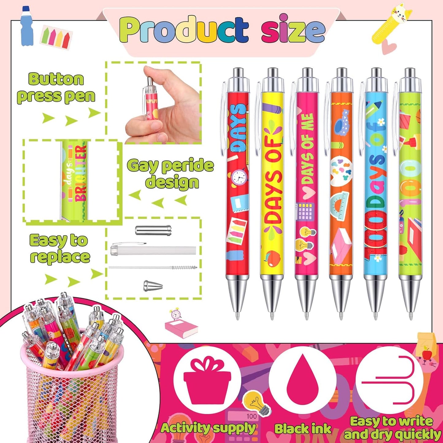 48 Pcs 100 Days Ballpoint Pen Party Favors Black Ink Retractable Baby Shower Ballpoint Pens for Gifts Supplies Accessories in Bulk