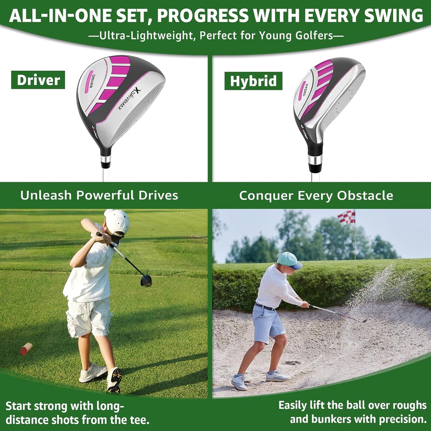 5/6 Pieces Kids Golf Club Set, Junior Golf Club Set Ages 4-12 Includes Stand Bag, 1# Drive, 5# Hybrid, 6/7#, 9/P# Irons and Putter Right Hand for Boys Girls