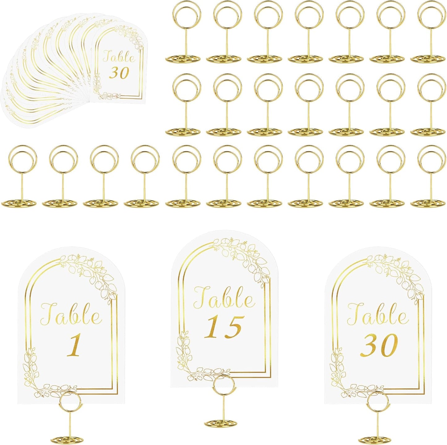 JOYIT 30 Sets Wedding Table Number 1-30 with 30 Pcs Round Table Number Holders, White Gold Table Number Cards with Place Card Holders, 4" x 6" Table Numbers for Wedding Reception and Birthday