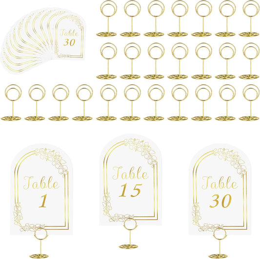 JOYIT 30 Sets Wedding Table Number 1-30 with 30 Pcs Round Table Number Holders, White Gold Table Number Cards with Place Card Holders, 4" x 6" Table Numbers for Wedding Reception and Birthday