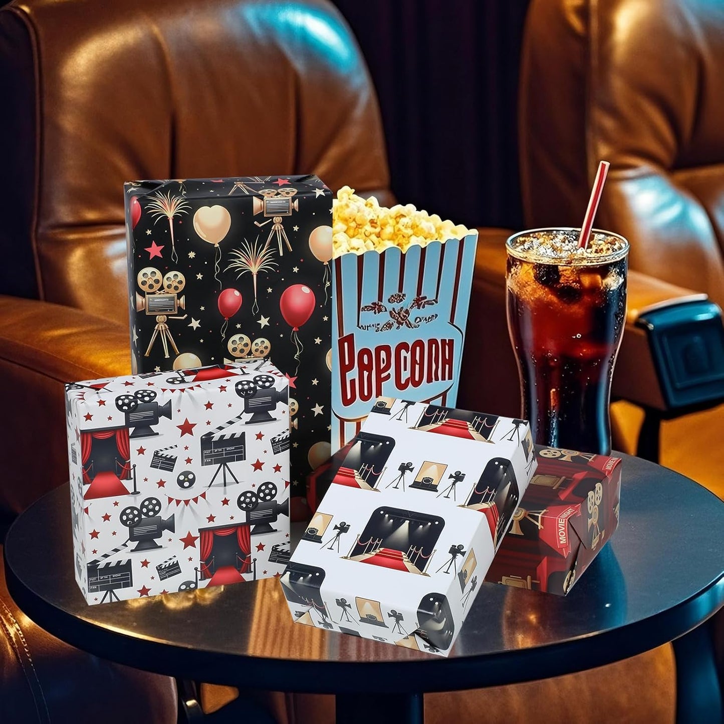 Movie Night Wrapping Paper Cinema Red Carpet Designs Gift Wrap for Party,Film Lovers,Movie Buffs,Theaters,20"×28"