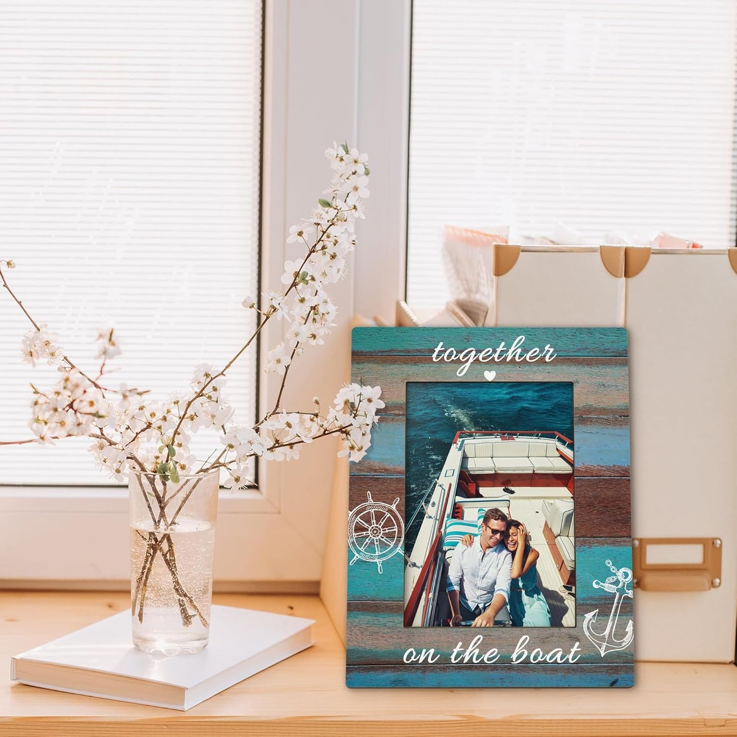 Boat Gifts Picture Frame 5x7, Couples Boating Photo Frame, Boating Gifts for BoatOwner Couples Friends, Together on the Boat Nautical Wooden Picture Photo Frames for Desk Home Room Decor